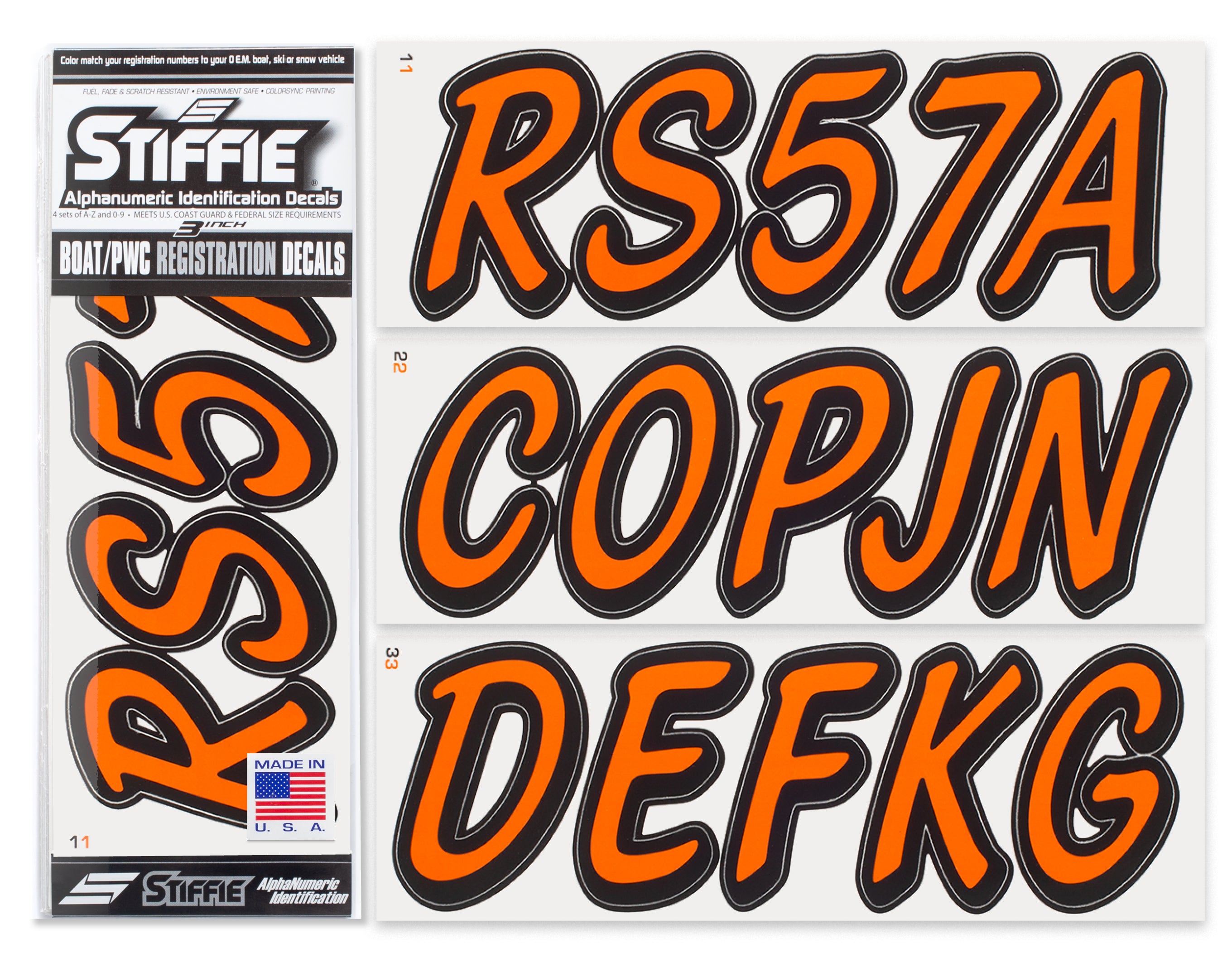 STIFFIE Whipline Solid Orange/Black 3" Alpha-Numeric Registration Identification Numbers Stickers Decals for Boats & Personal Watercraft