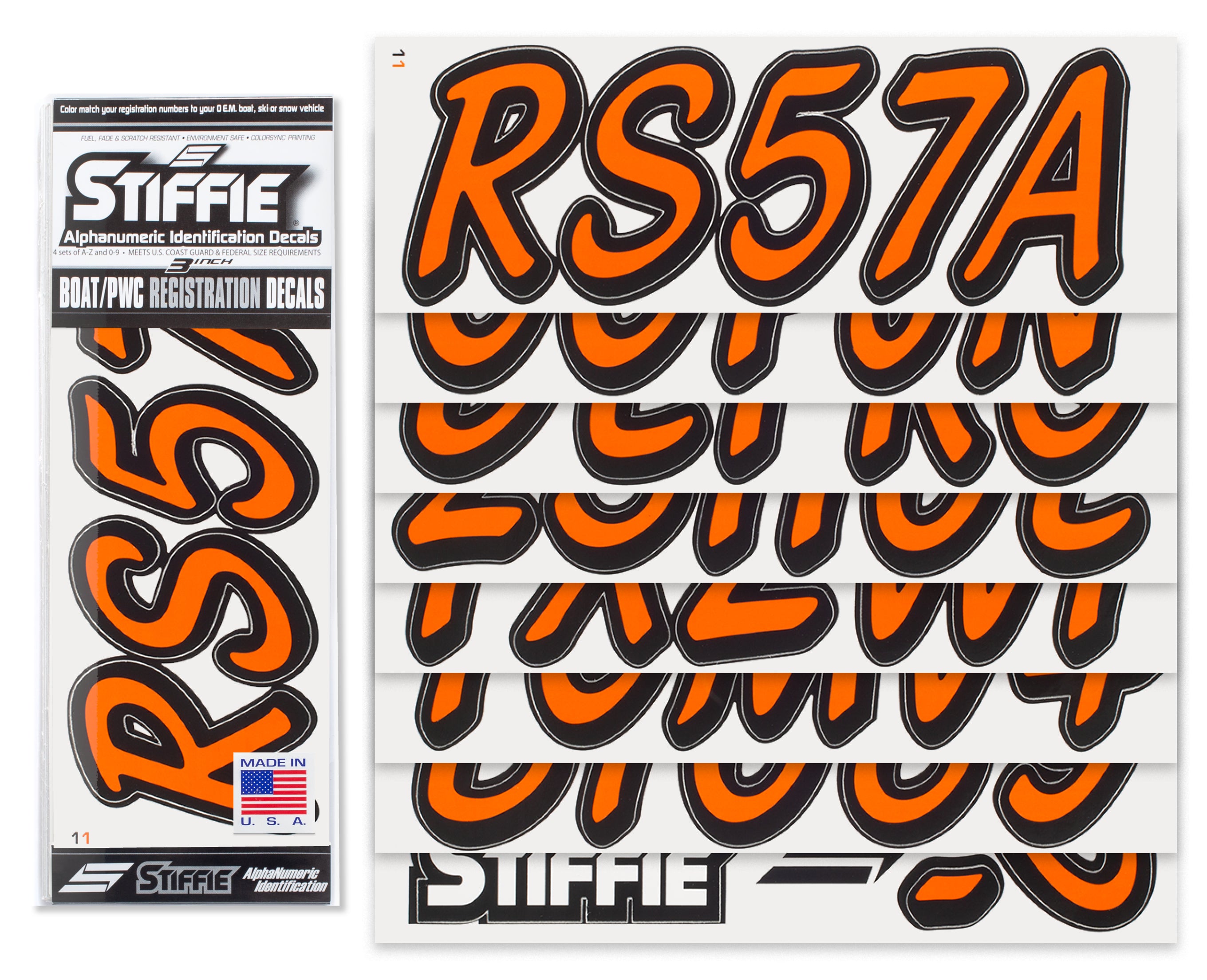 STIFFIE Whipline Solid Orange/Black 3" Alpha-Numeric Registration Identification Numbers Stickers Decals for Boats & Personal Watercraft