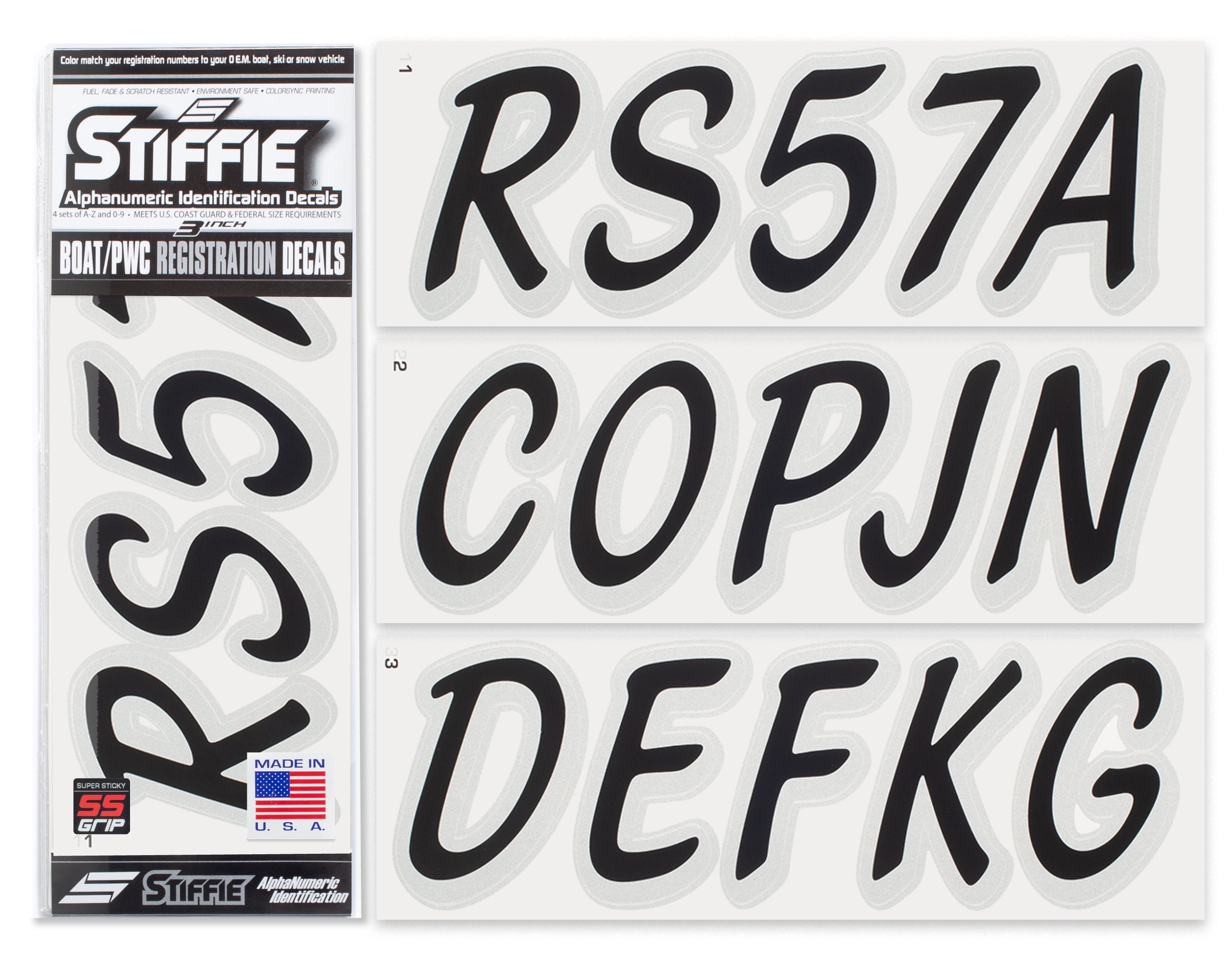 STIFFIE Whipline Solid Black/Metallic Silver Super Sticky 3" Alpha-Numeric Registration Identification Numbers Stickers Decals for Boats & Personal Watercraft