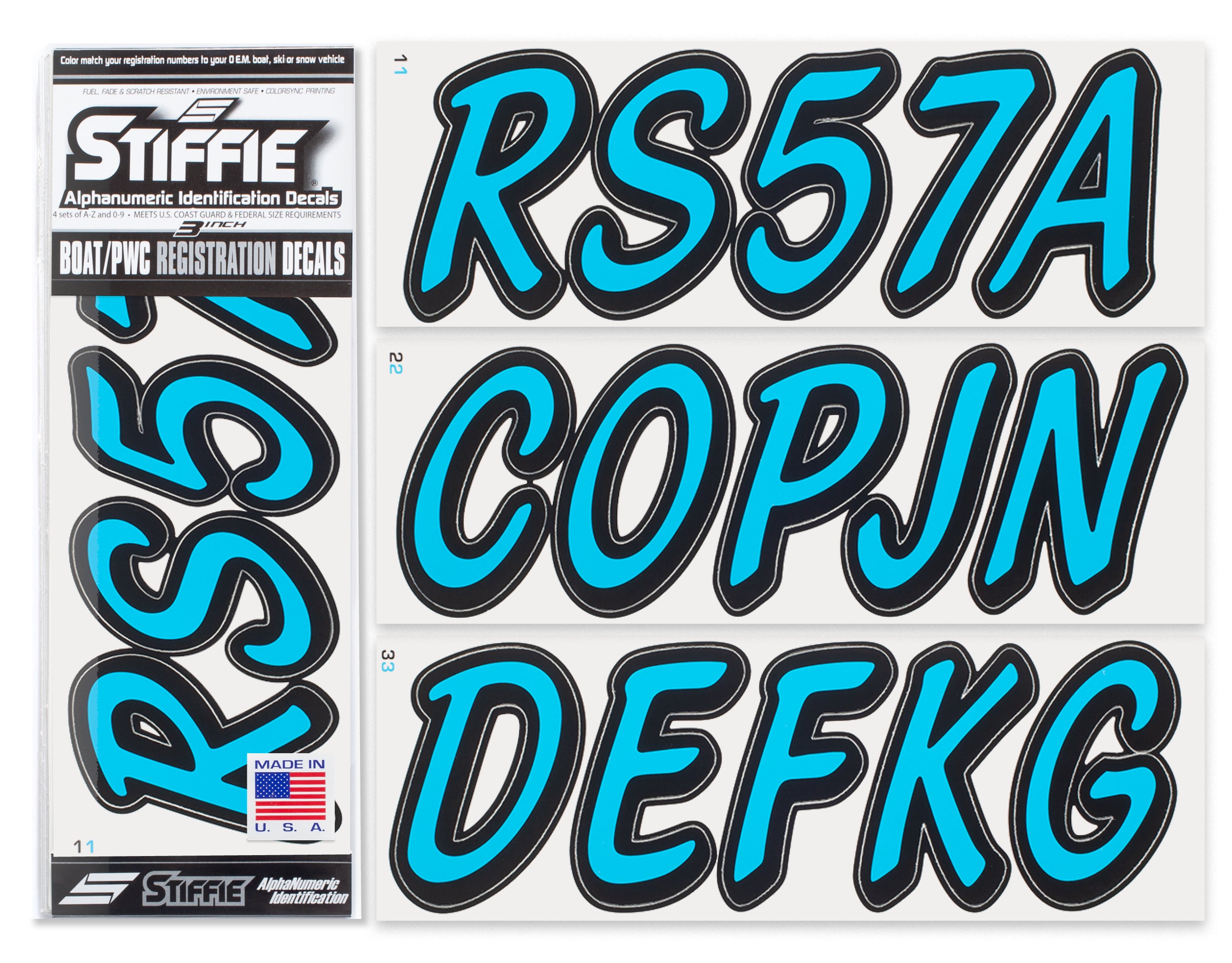 STIFFIE Whipline Solid Sky Blue/Black 3" Alpha-Numeric Registration Identification Numbers Stickers Decals for Boats & Personal Watercraft