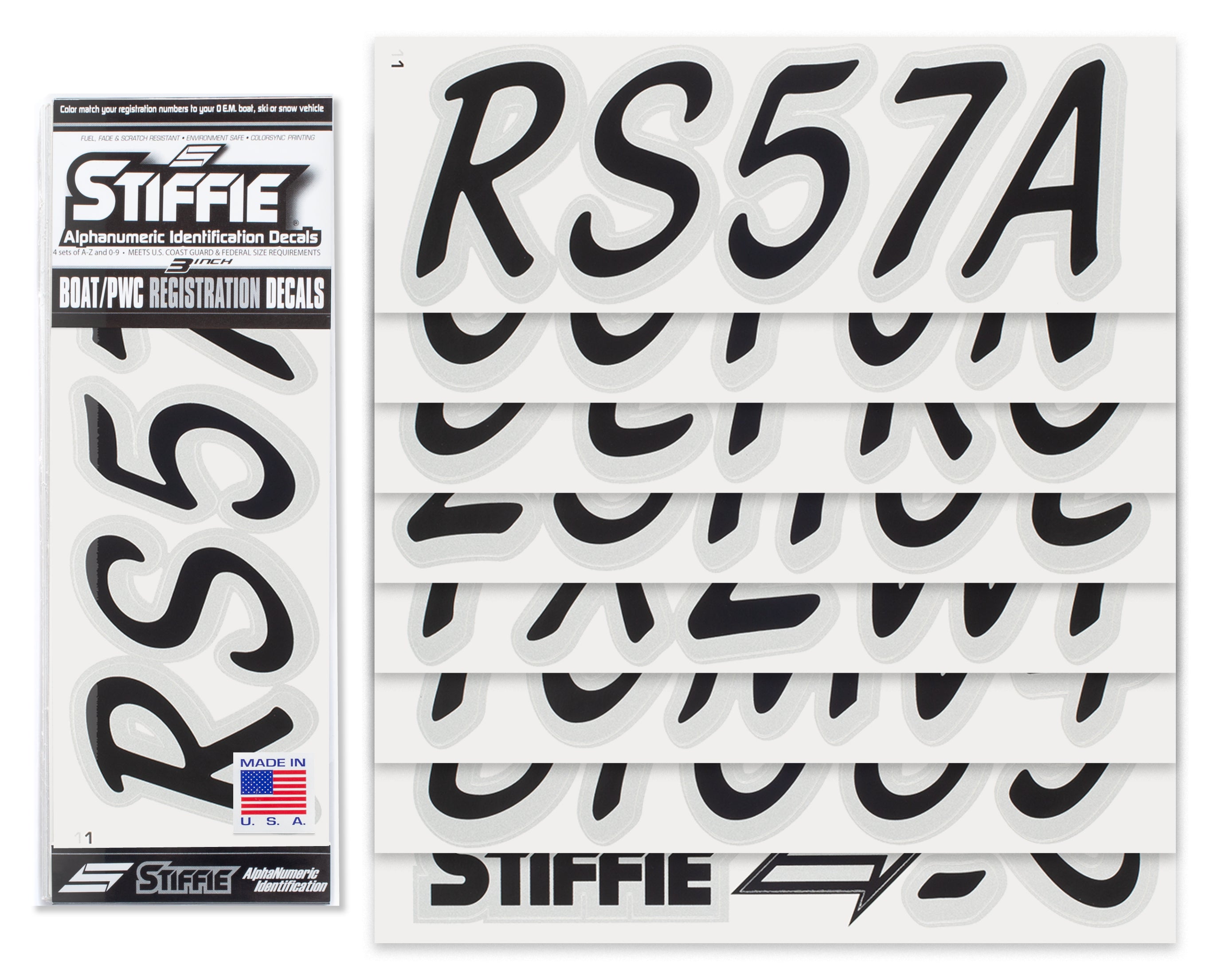 STIFFIE Whipline Solid Black/Metallic Silver 3" Alpha-Numeric Registration Identification Numbers Stickers Decals for Boats & Personal Watercraft