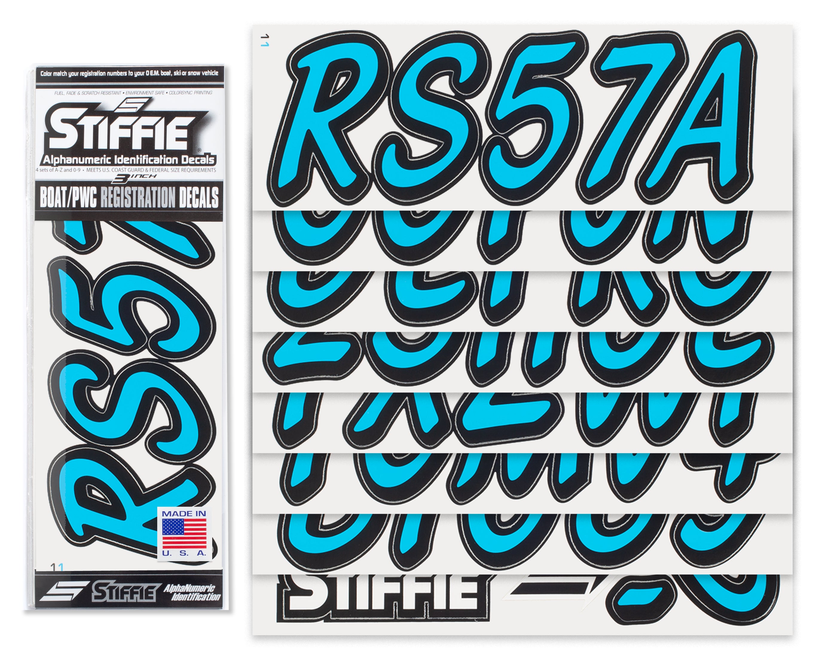 STIFFIE Whipline Solid Sky Blue/Black 3" Alpha-Numeric Registration Identification Numbers Stickers Decals for Boats & Personal Watercraft