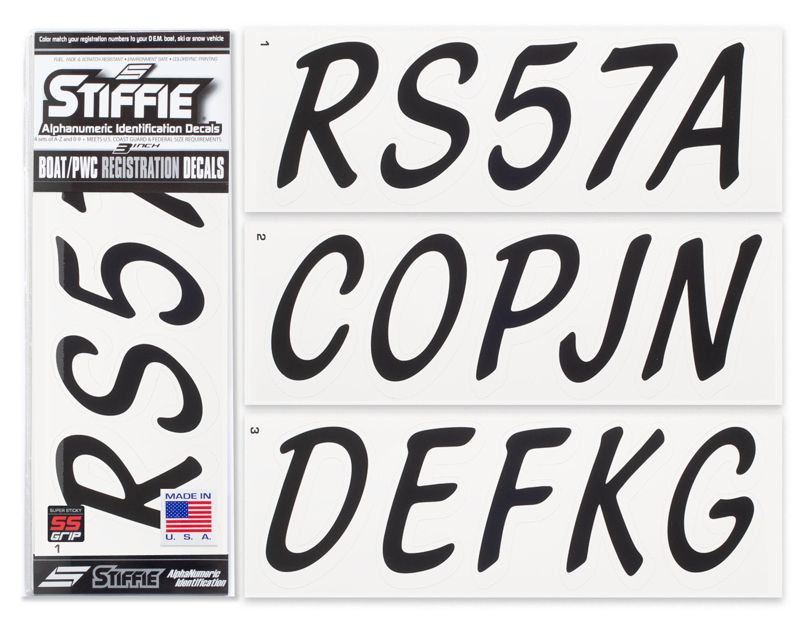 STIFFIE Whipline Solid Black/White Super Sticky 3" Alpha-Numeric Registration Identification Numbers Stickers Decals for Boats & Personal Watercraft