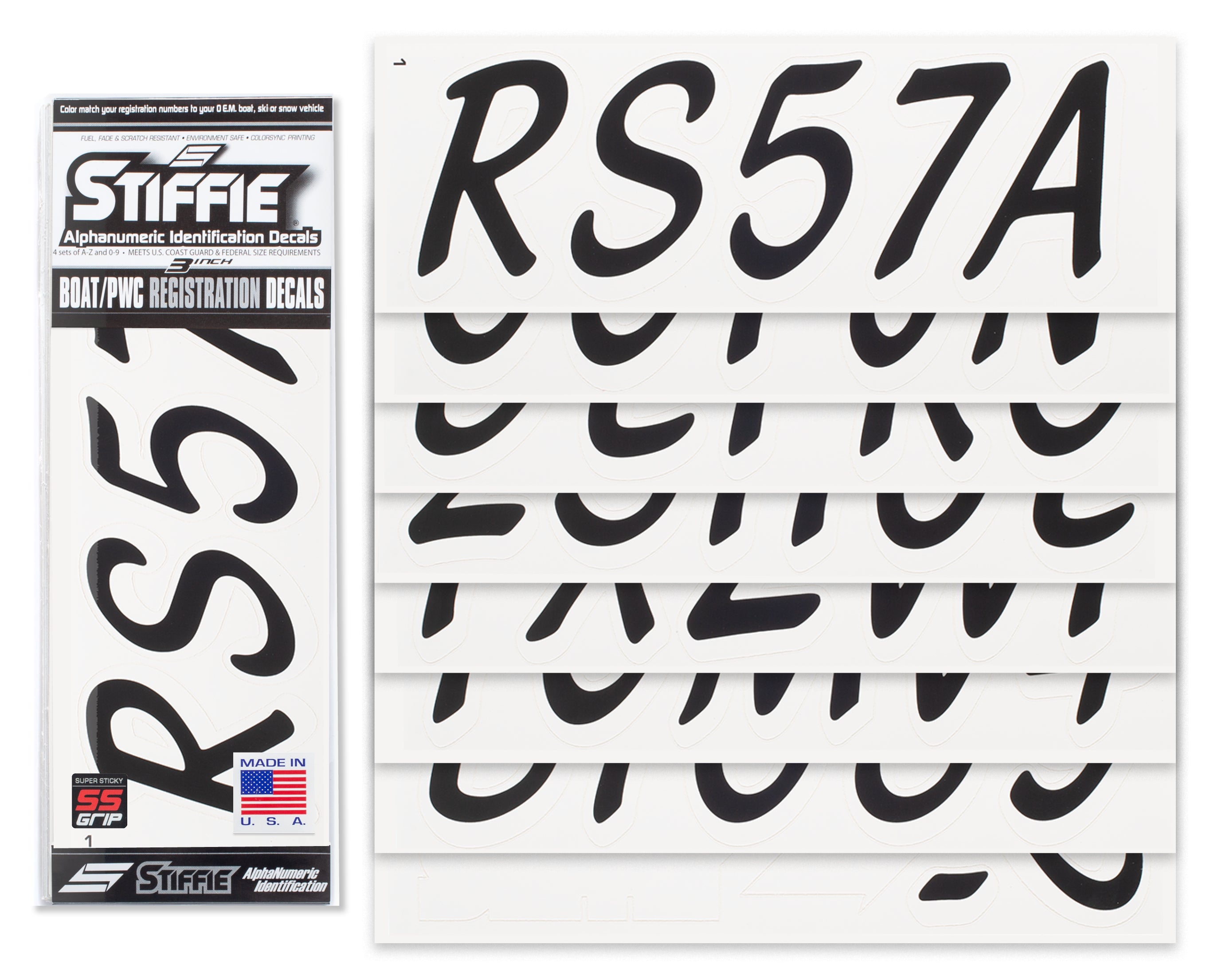 STIFFIE Whipline Solid Black/White Super Sticky 3" Alpha-Numeric Registration Identification Numbers Stickers Decals for Boats & Personal Watercraft