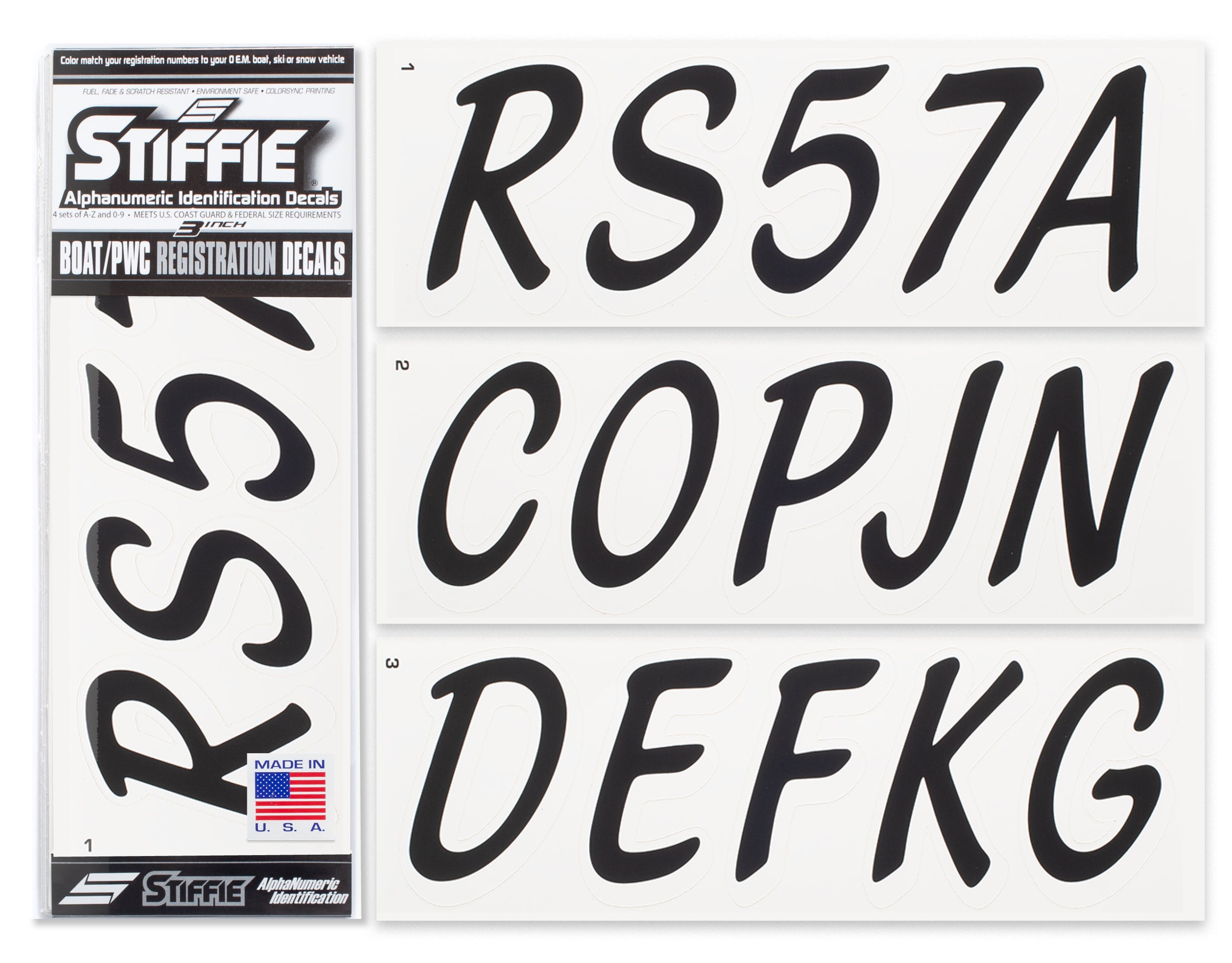 STIFFIE Whipline Solid Black/White 3" Alpha-Numeric Registration Identification Numbers Stickers Decals for Boats & Personal Watercraft