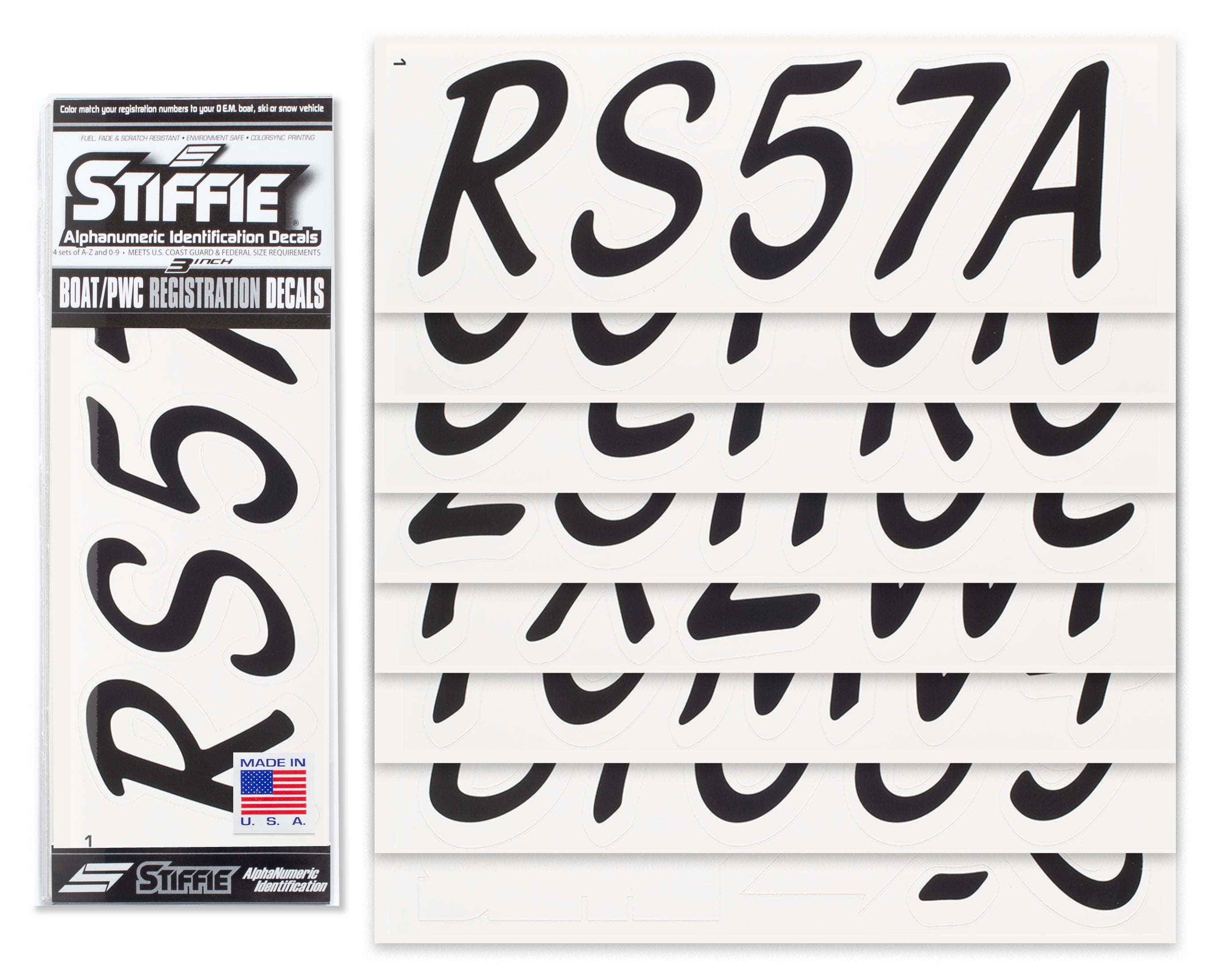 STIFFIE Whipline Solid Black/White 3" Alpha-Numeric Registration Identification Numbers Stickers Decals for Boats & Personal Watercraft