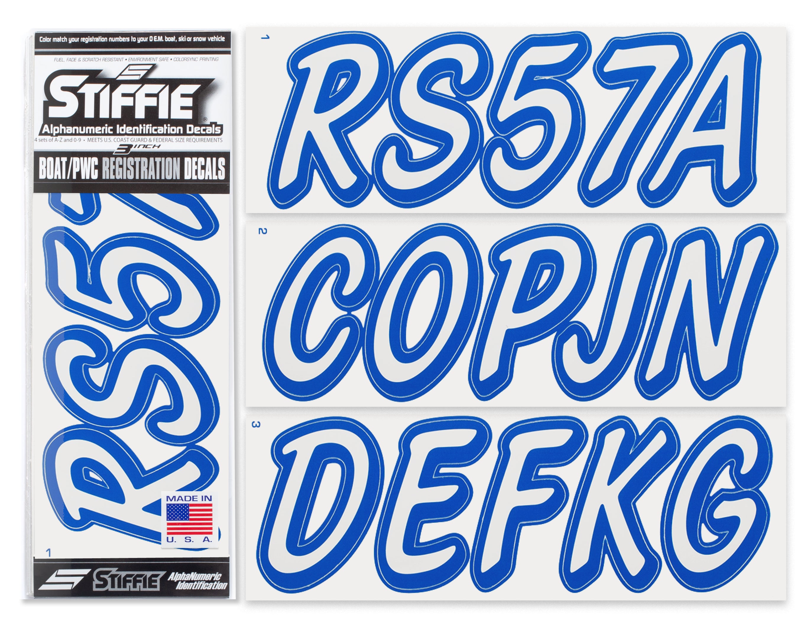 STIFFIE Whipline Solid White/Blue 3" Alpha-Numeric Registration Identification Numbers Stickers Decals for Boats & Personal Watercraft