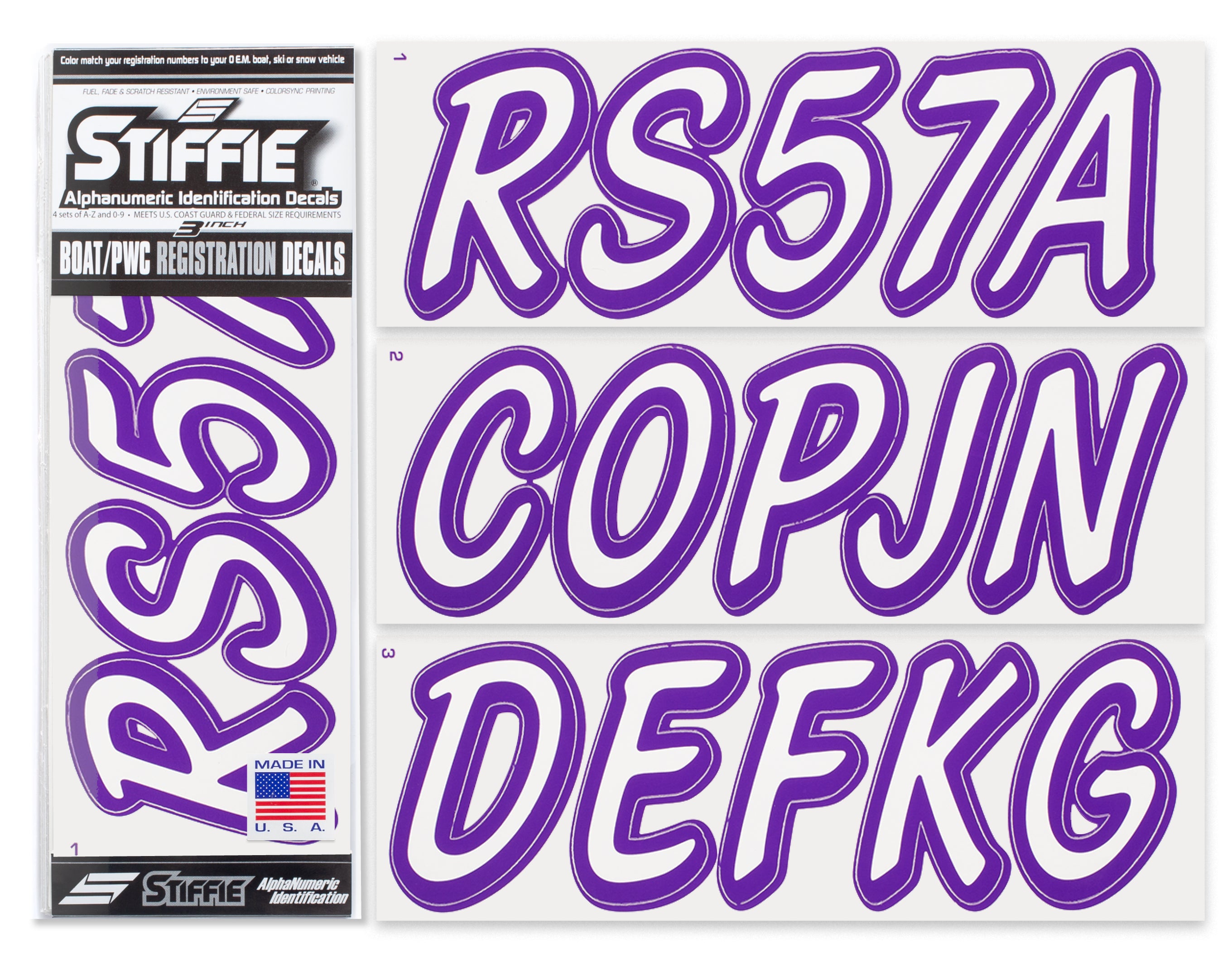 STIFFIE Whipline Solid White/Purple 3" Alpha-Numeric Registration Identification Numbers Stickers Decals for Boats & Personal Watercraft