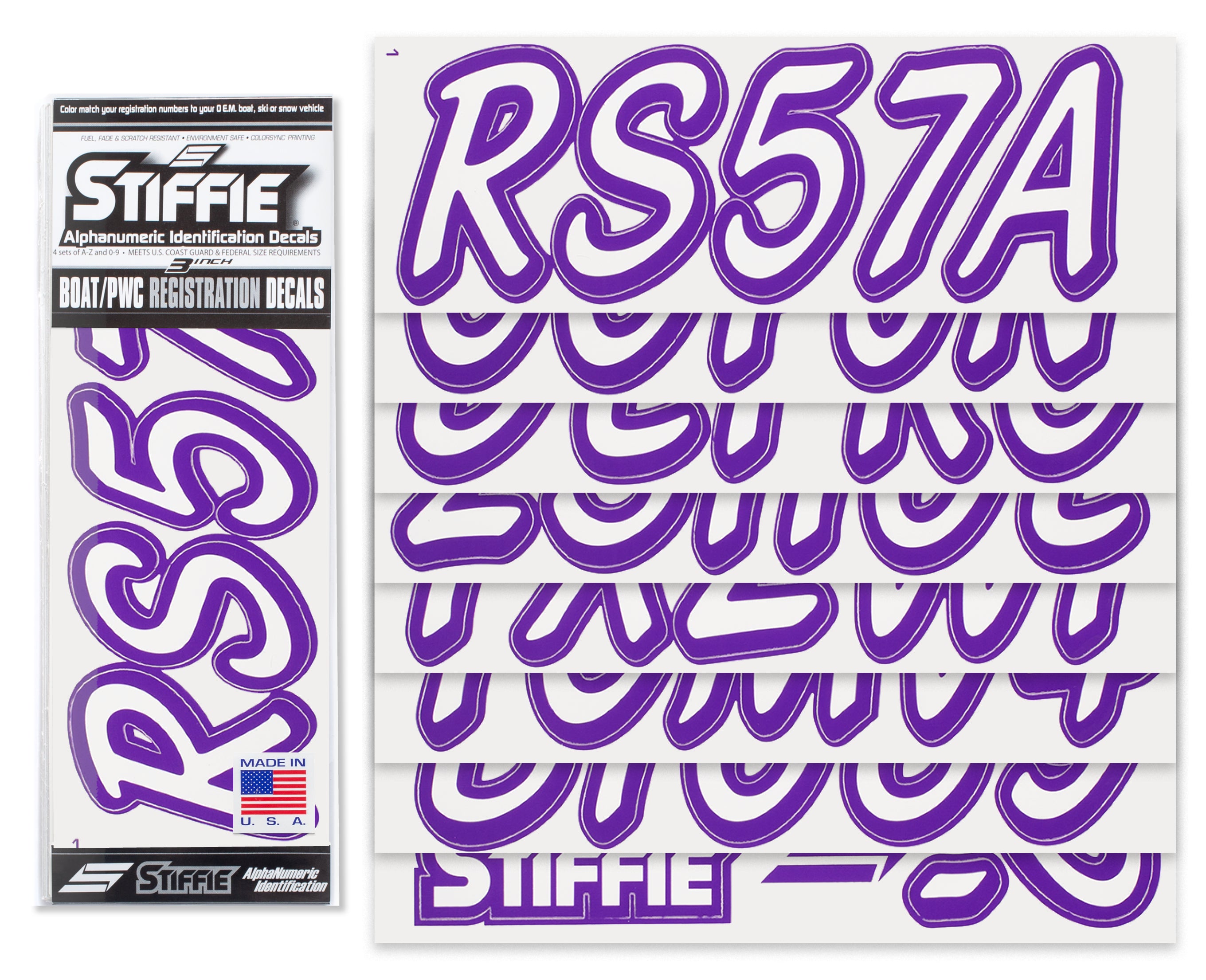 STIFFIE Whipline Solid White/Purple 3" Alpha-Numeric Registration Identification Numbers Stickers Decals for Boats & Personal Watercraft