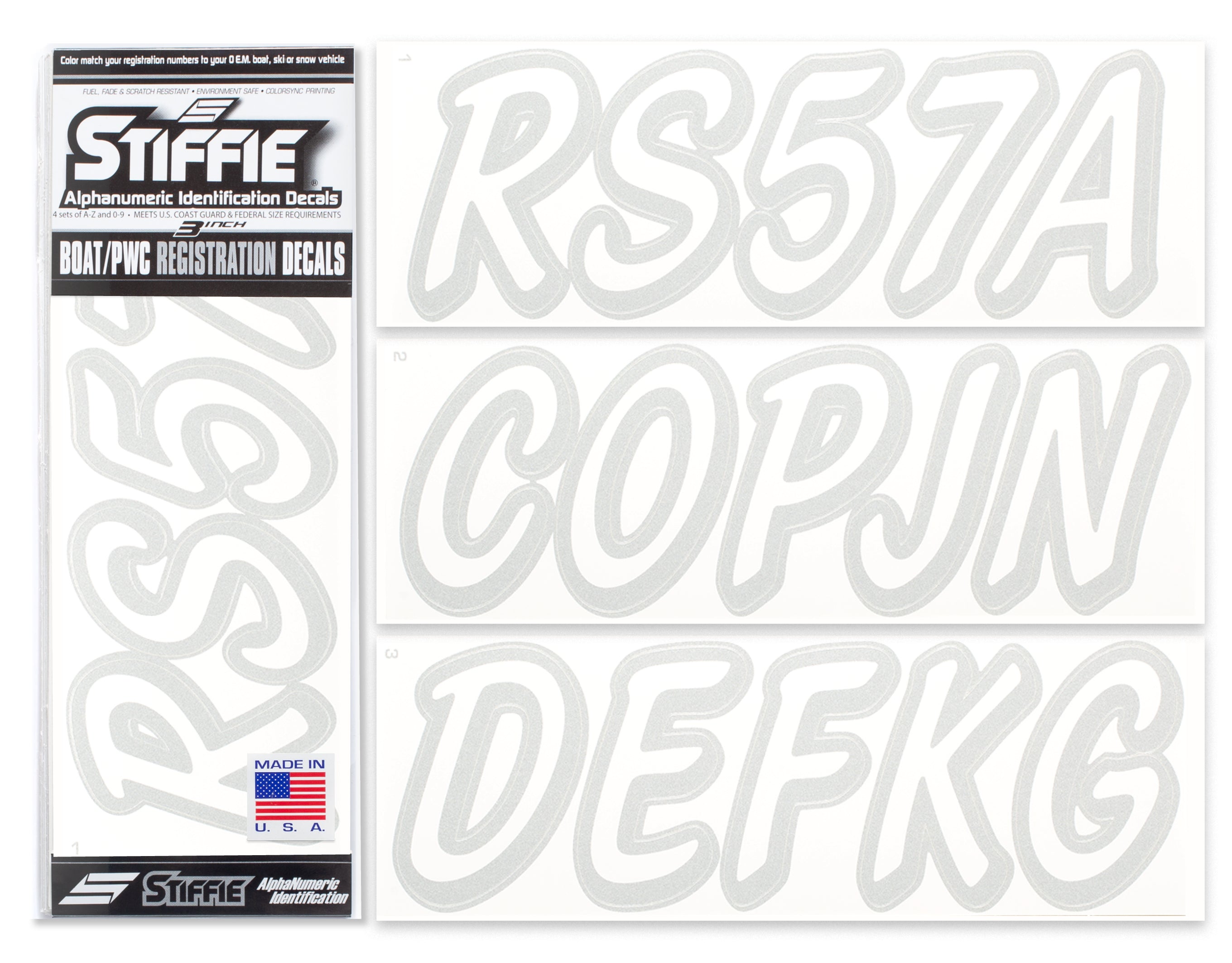 STIFFIE Whipline Solid White/Metallic Silver 3" Alpha-Numeric Registration Identification Numbers Stickers Decals for Boats & Personal Watercraft