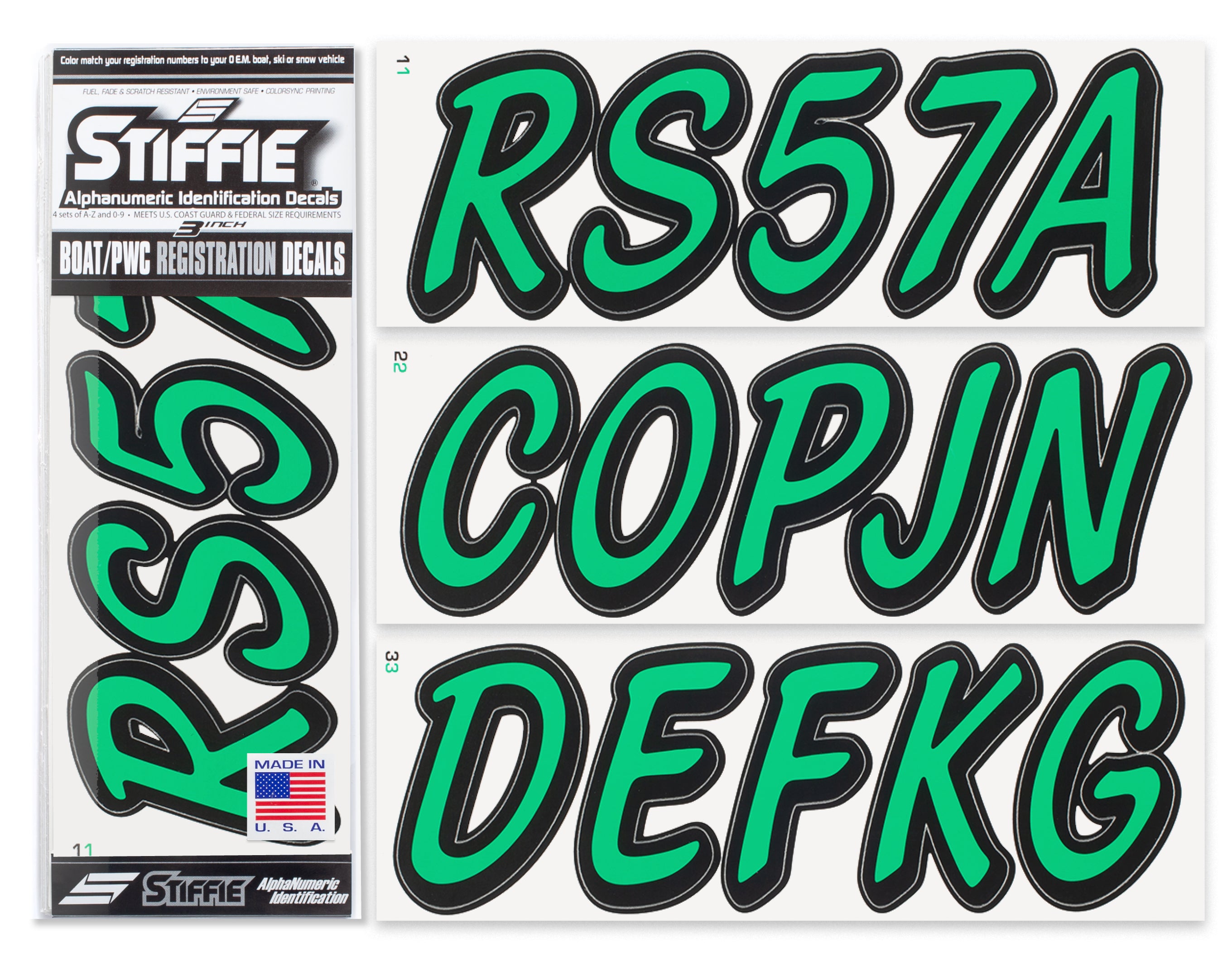 STIFFIE Whipline Solid Sea Foam Green/Black 3" Alpha-Numeric Registration Identification Numbers Stickers Decals for Boats & Personal Watercraft