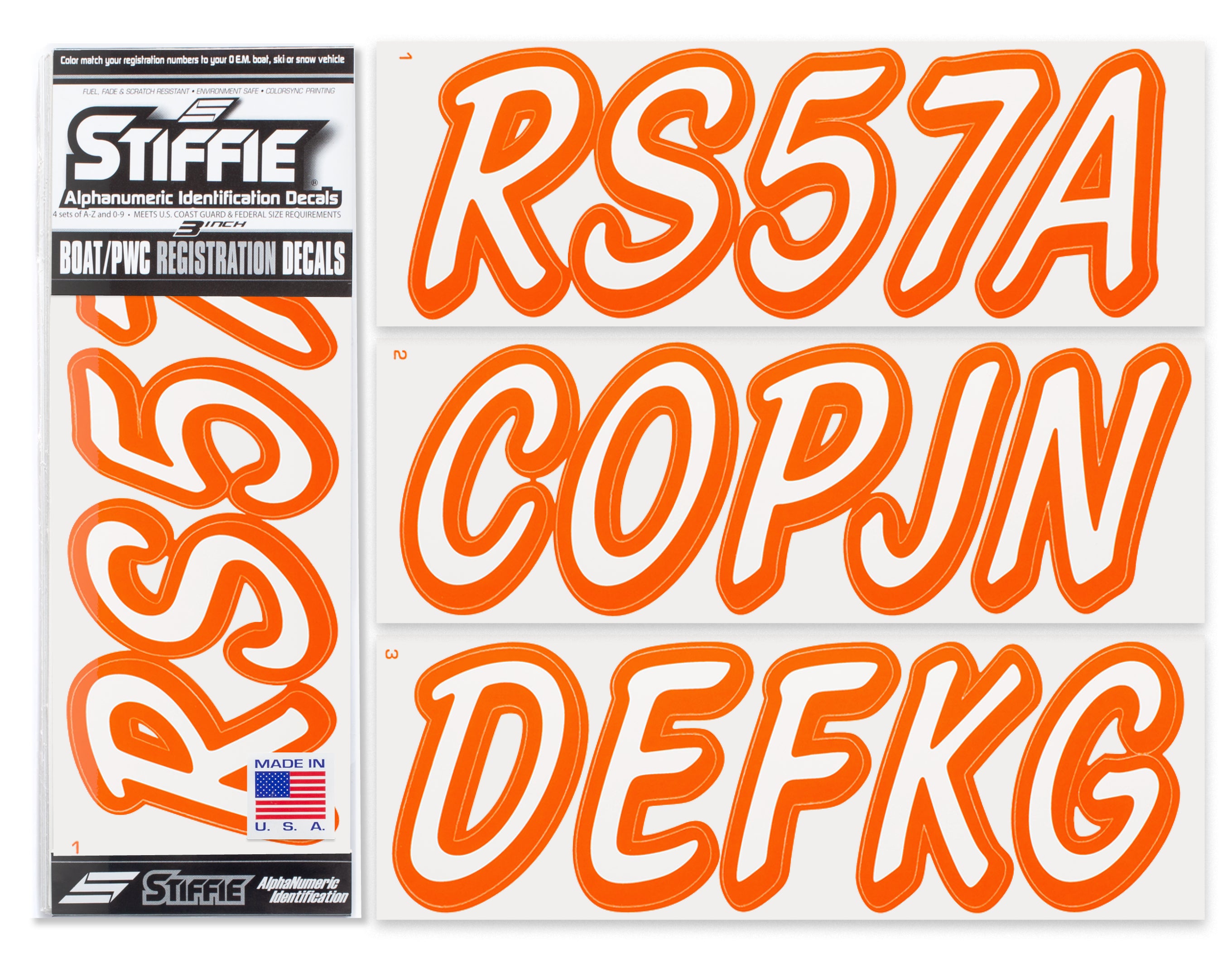 STIFFIE Whipline Solid White/Orange 3" Alpha-Numeric Registration Identification Numbers Stickers Decals for Boats & Personal Watercraft