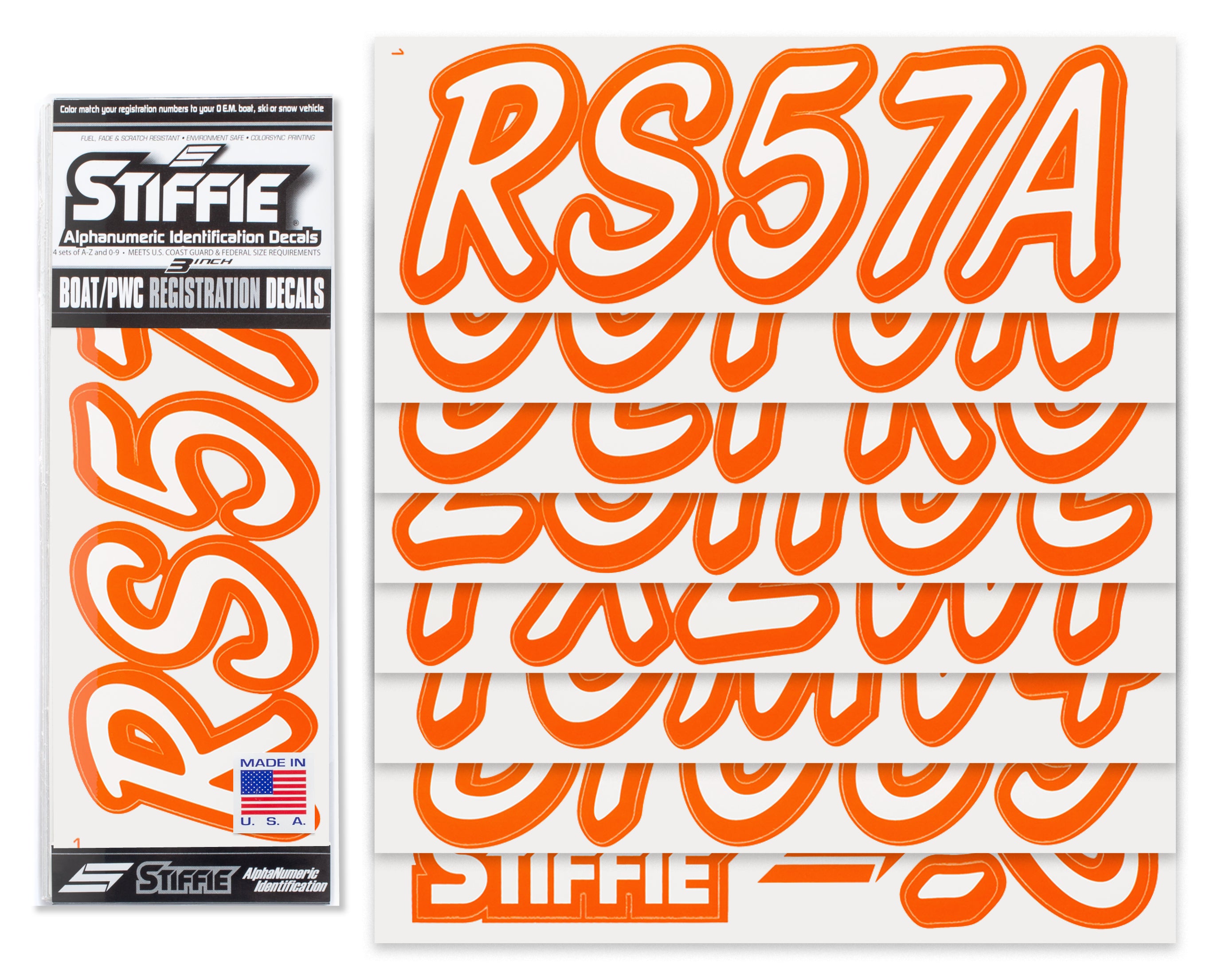 STIFFIE Whipline Solid White/Orange 3" Alpha-Numeric Registration Identification Numbers Stickers Decals for Boats & Personal Watercraft