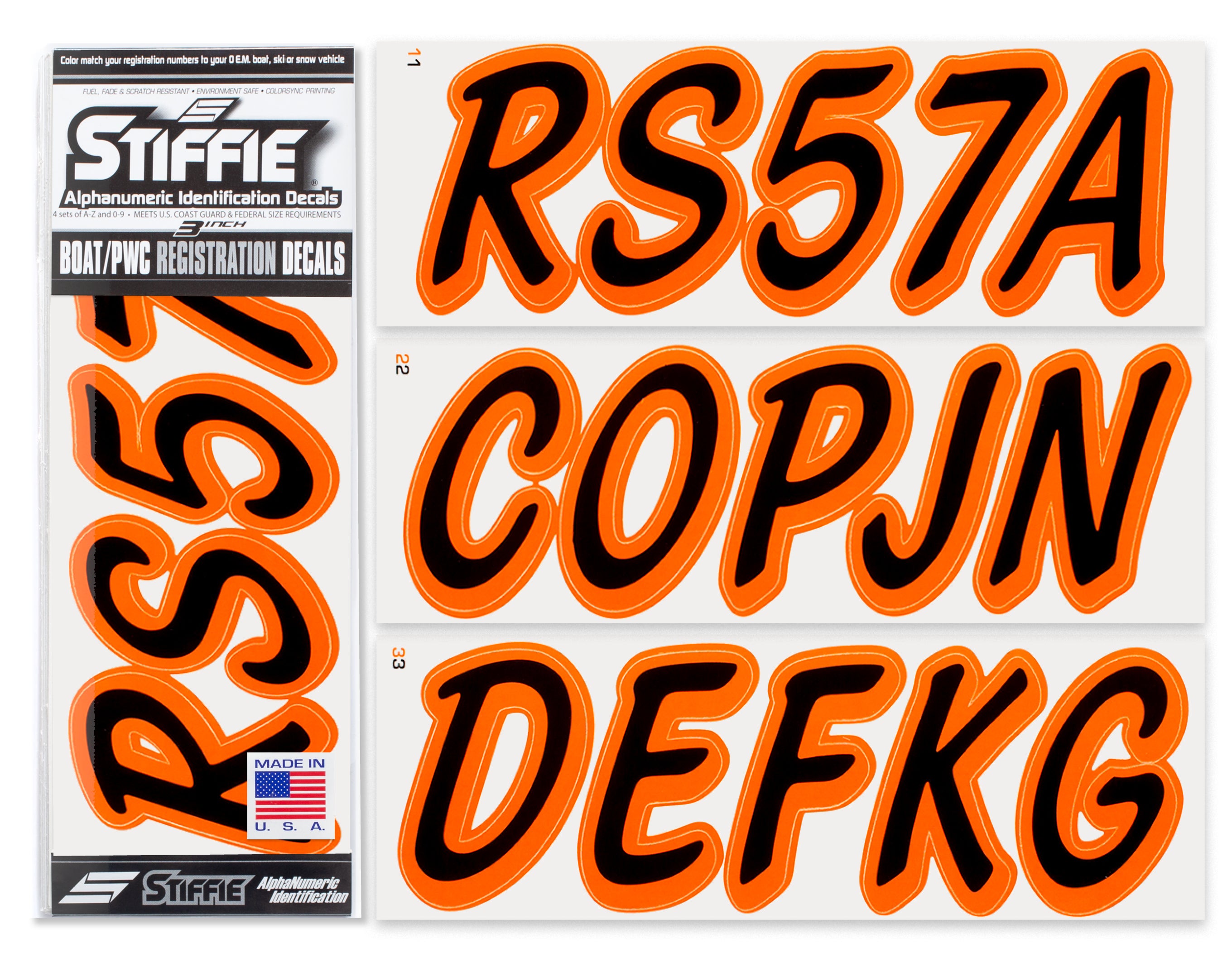STIFFIE Whipline Solid Black/Orange 3" Alpha-Numeric Registration Identification Numbers Stickers Decals for Boats & Personal Watercraft