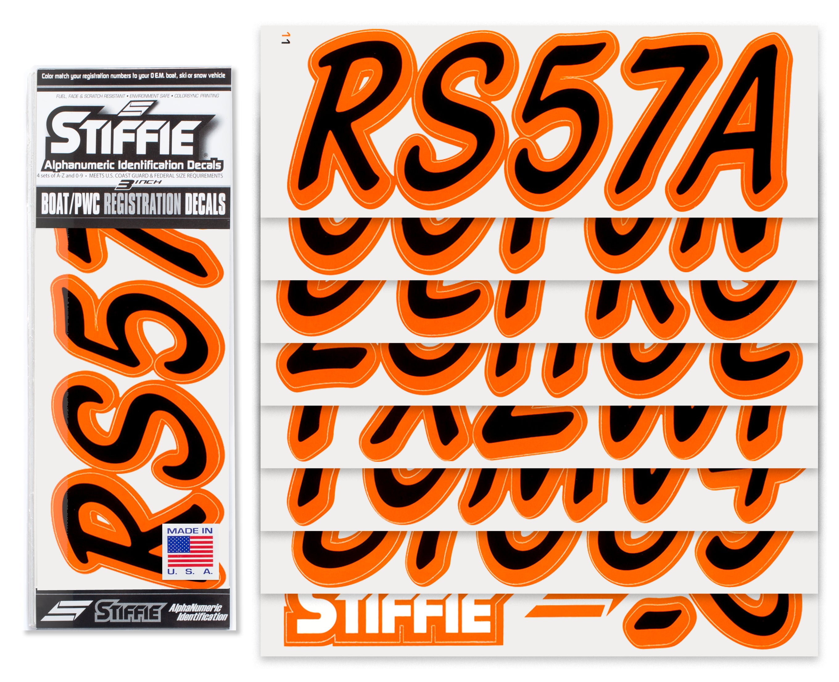 STIFFIE Whipline Solid Black/Orange 3" Alpha-Numeric Registration Identification Numbers Stickers Decals for Boats & Personal Watercraft