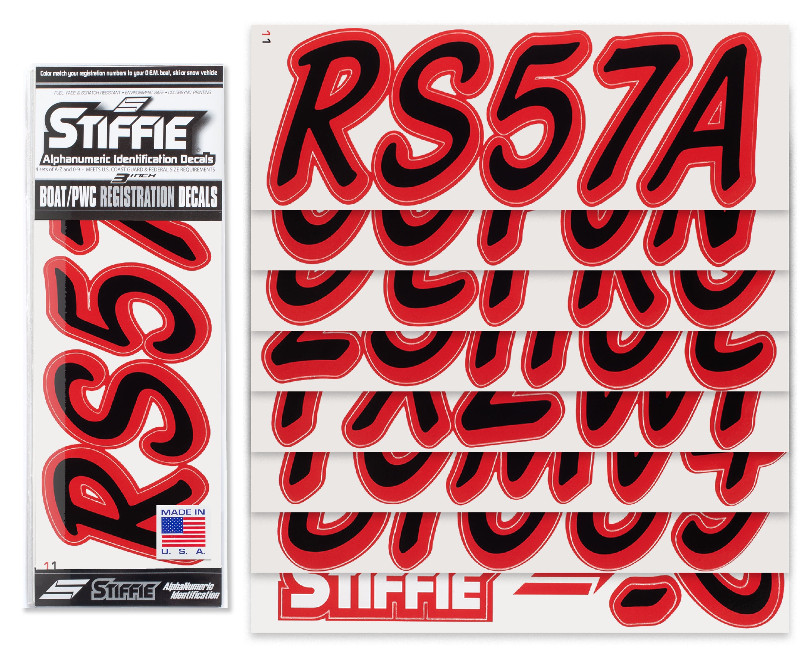 STIFFIE Whipline Solid Black/Red 3" Alpha-Numeric Registration Identification Numbers Stickers Decals for Boats & Personal Watercraft