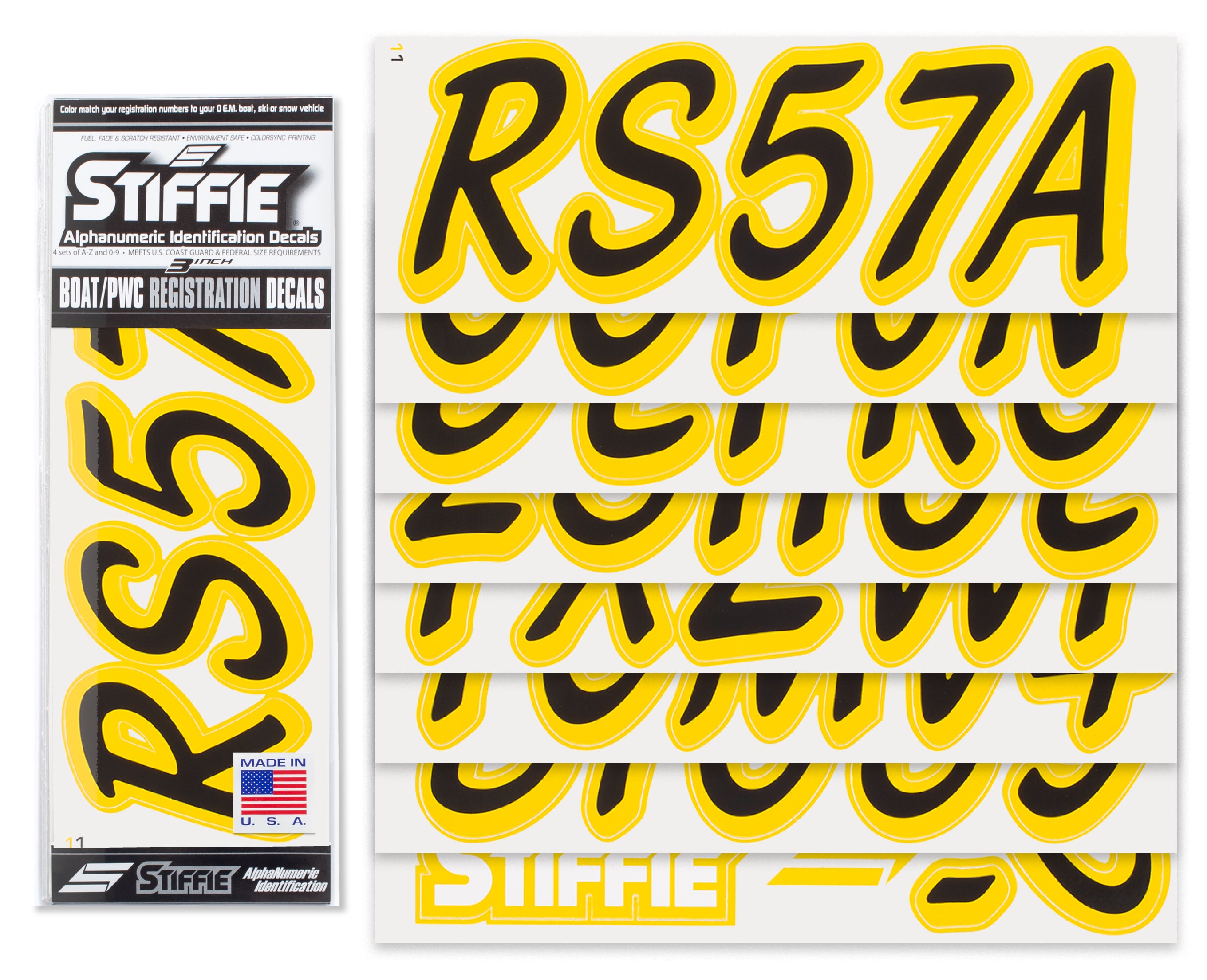 STIFFIE Whipline Solid Black/Yellow 3" Alpha-Numeric Registration Identification Numbers Stickers Decals for Boats & Personal Watercraft
