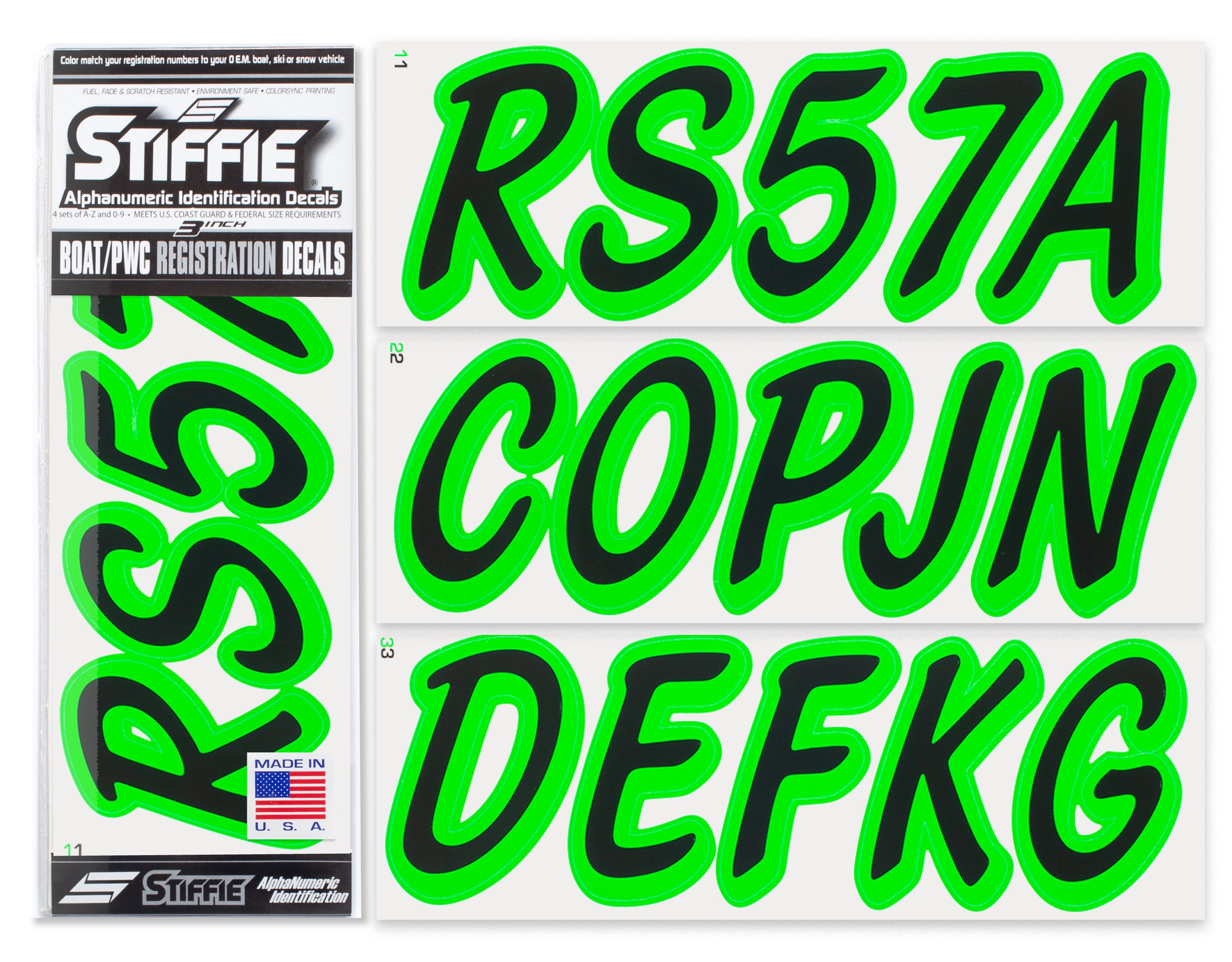 STIFFIE Whipline Solid Black/Electric Green 3" Alpha-Numeric Registration Identification Numbers Stickers Decals for Boats & Personal Watercraft