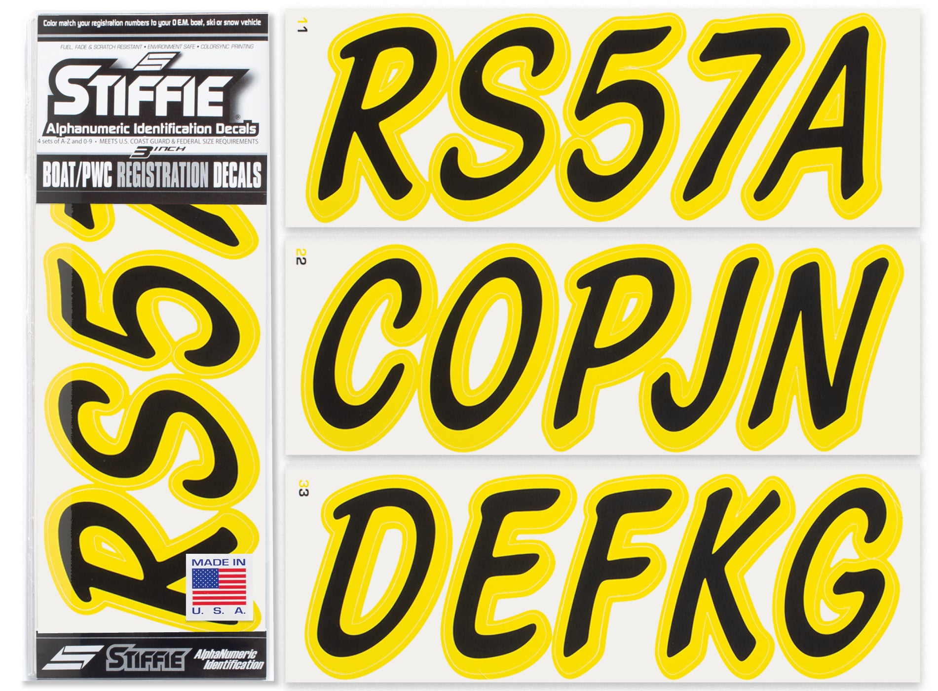 STIFFIE Whipline Solid Black/Electric Yellow 3" Alpha-Numeric Registration Identification Numbers Stickers Decals for Boats & Personal Watercraft