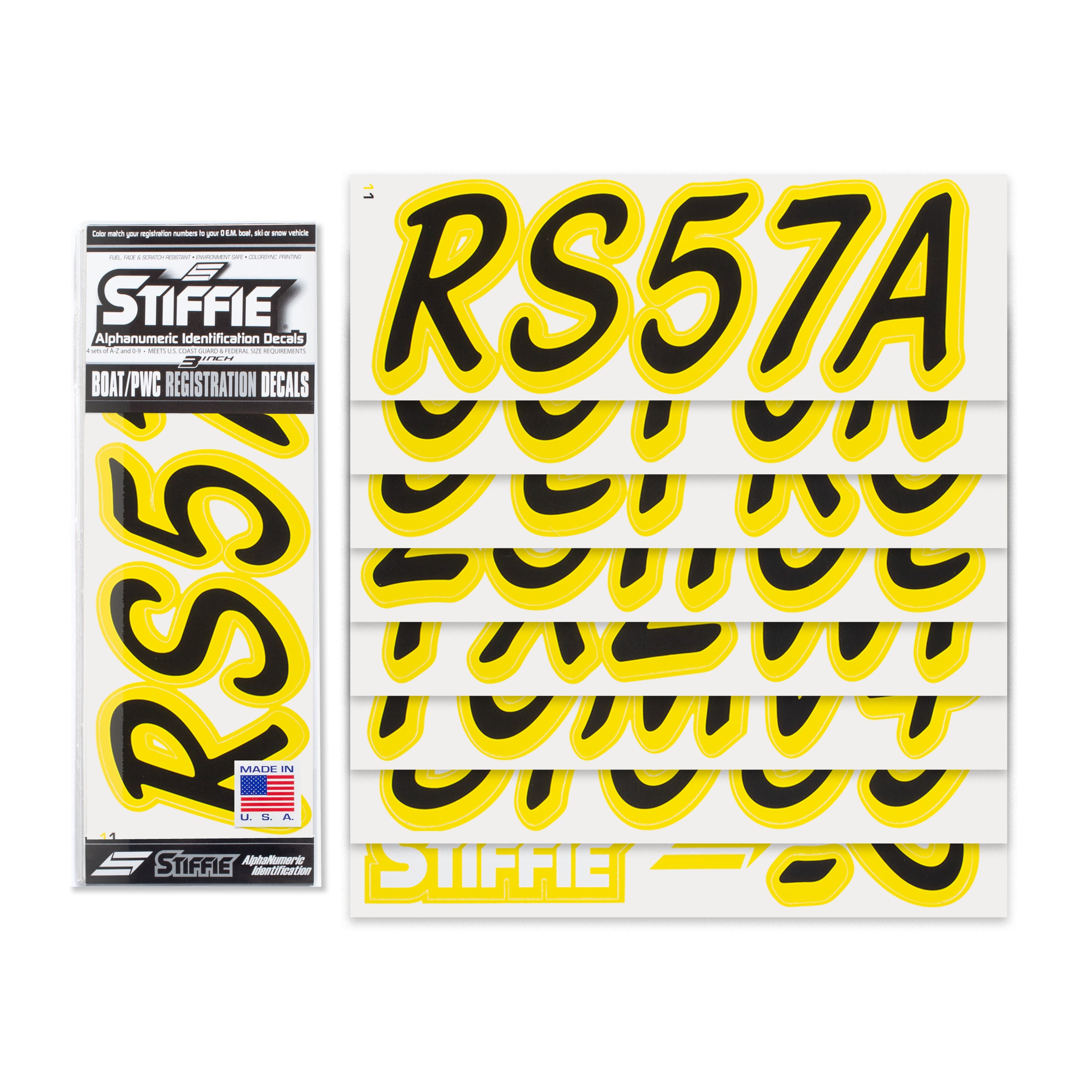 STIFFIE Whipline Solid Black/Electric Yellow 3" Alpha-Numeric Registration Identification Numbers Stickers Decals for Boats & Personal Watercraft