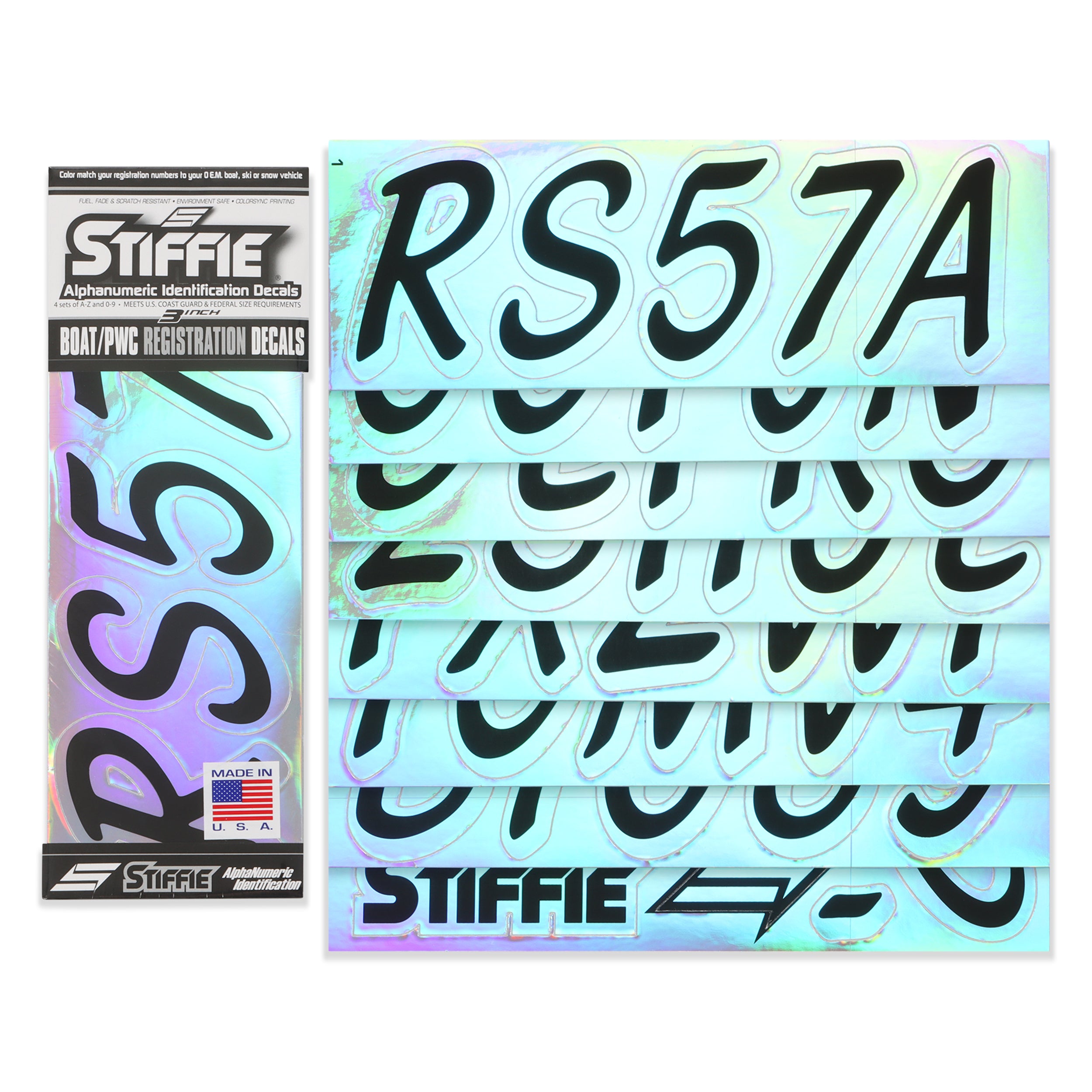 STIFFIE Whipline Solid Black/Chrome 3" Alpha-Numeric Registration Identification Numbers Stickers Decals for Boats & Personal Watercraft