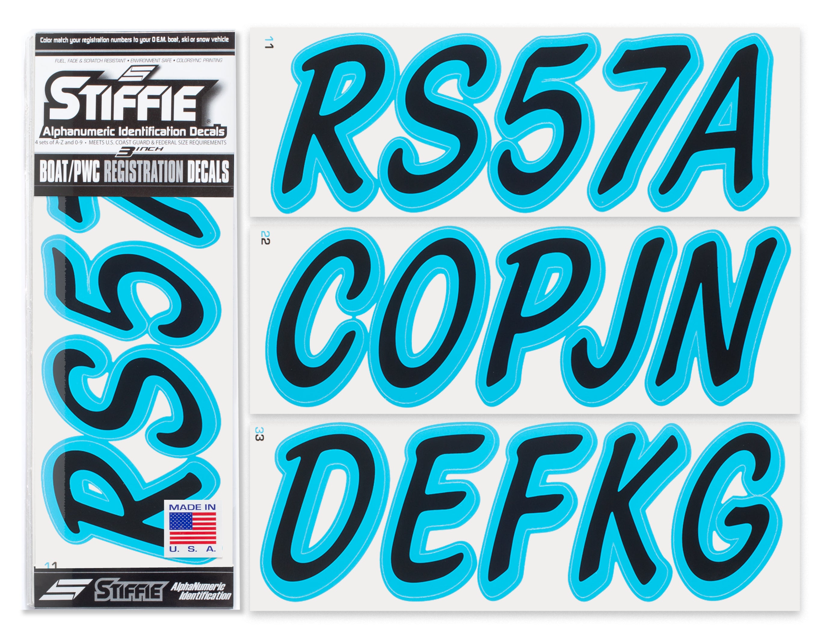 STIFFIE Whipline Solid Black/Sky Blue 3" Alpha-Numeric Registration Identification Numbers Stickers Decals for Boats & Personal Watercraft