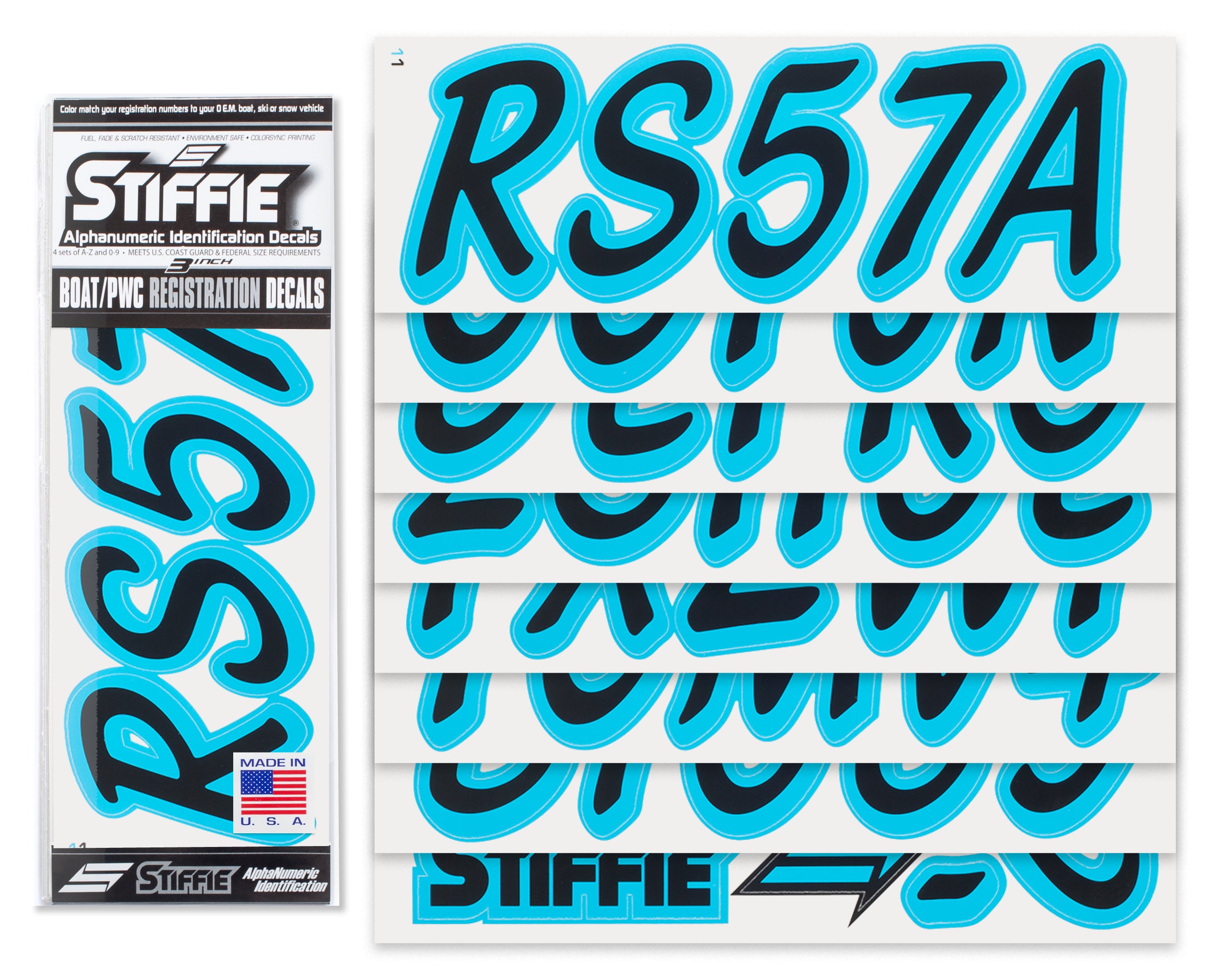 STIFFIE Whipline Solid Black/Sky Blue 3" Alpha-Numeric Registration Identification Numbers Stickers Decals for Boats & Personal Watercraft
