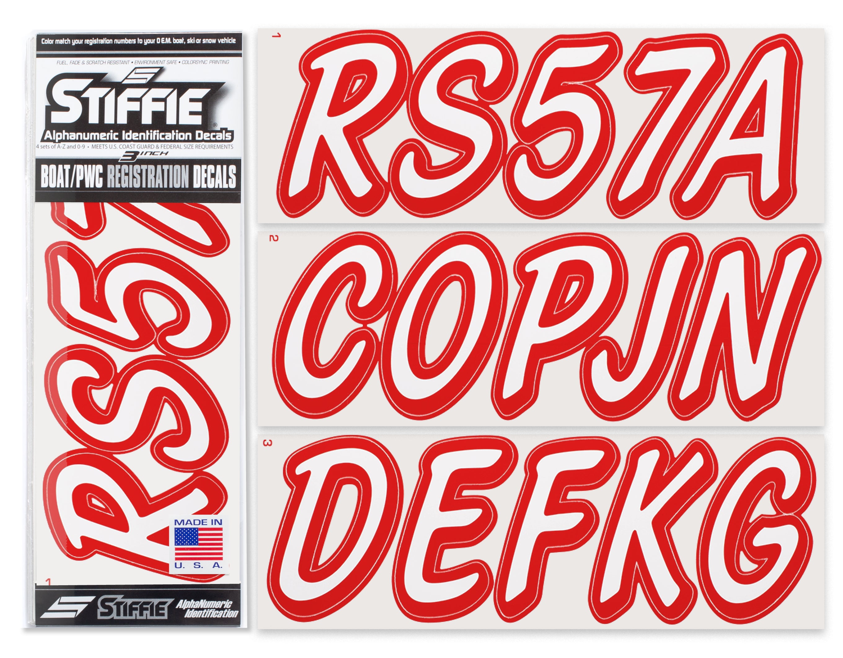 STIFFIE Whipline Solid White/Red 3" Alpha-Numeric Registration Identification Numbers Stickers Decals for Boats & Personal Watercraft