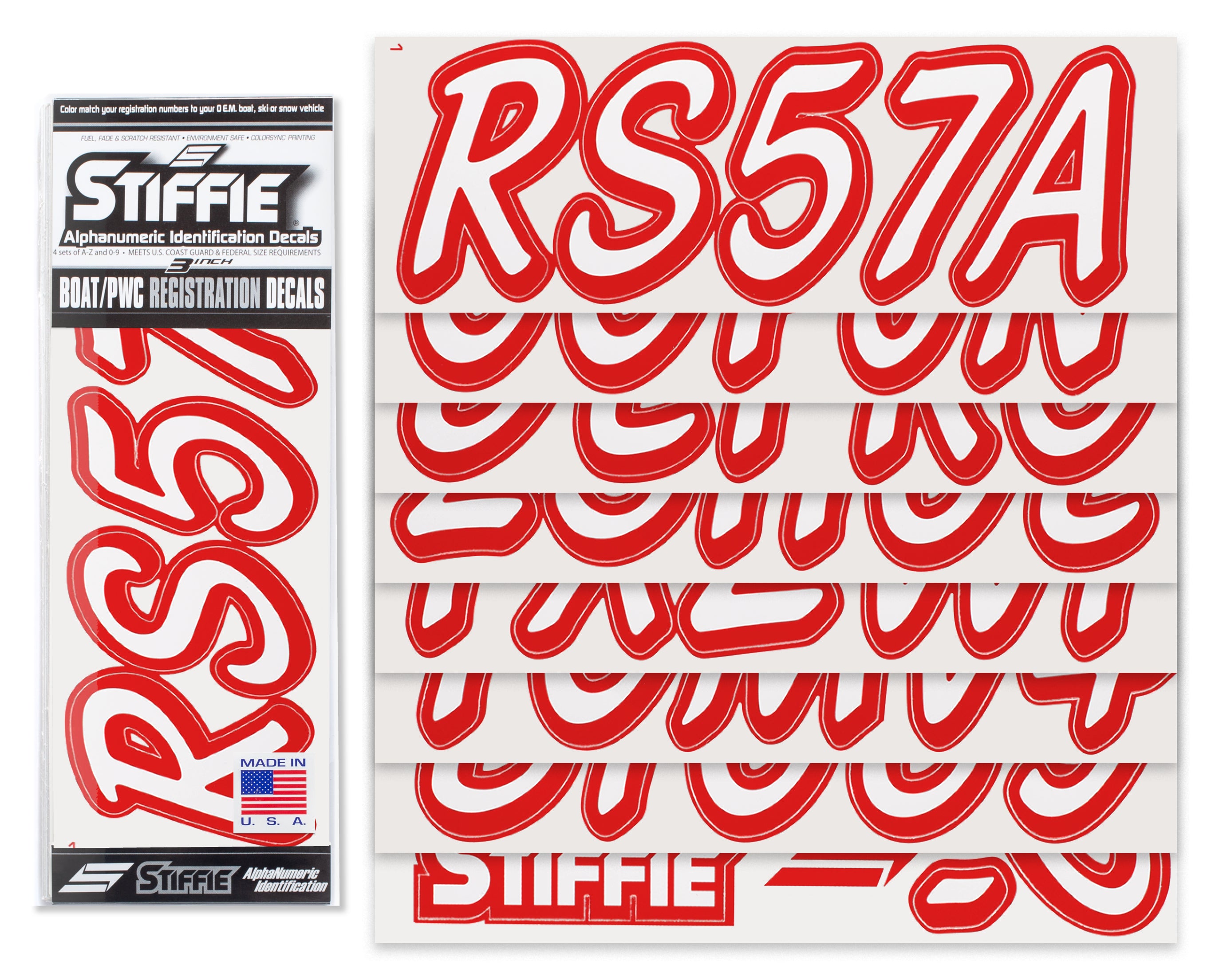 STIFFIE Whipline Solid White/Red 3" Alpha-Numeric Registration Identification Numbers Stickers Decals for Boats & Personal Watercraft