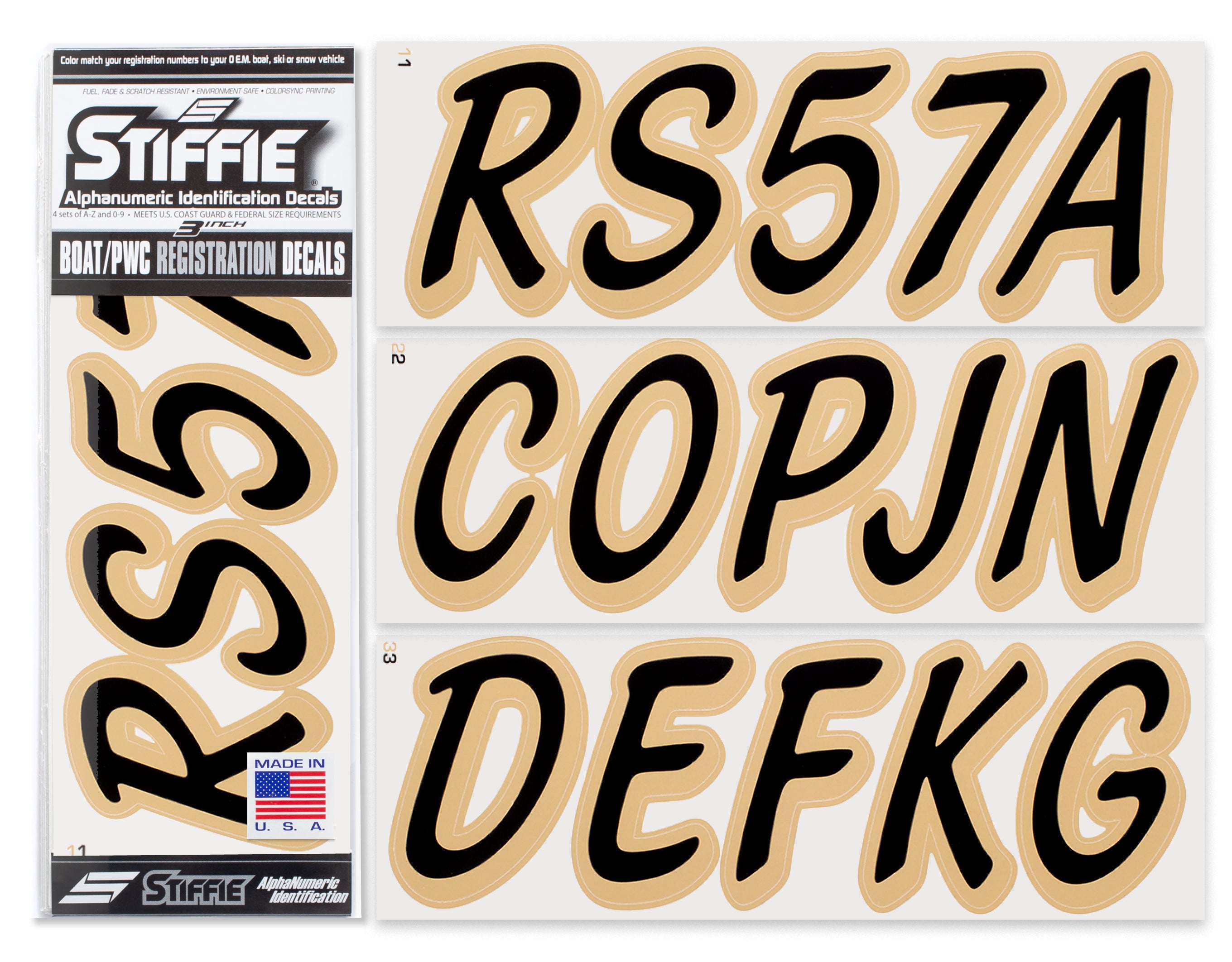 STIFFIE Whipline Solid Black/Tan 3" Alpha-Numeric Registration Identification Numbers Stickers Decals for Boats & Personal Watercraft