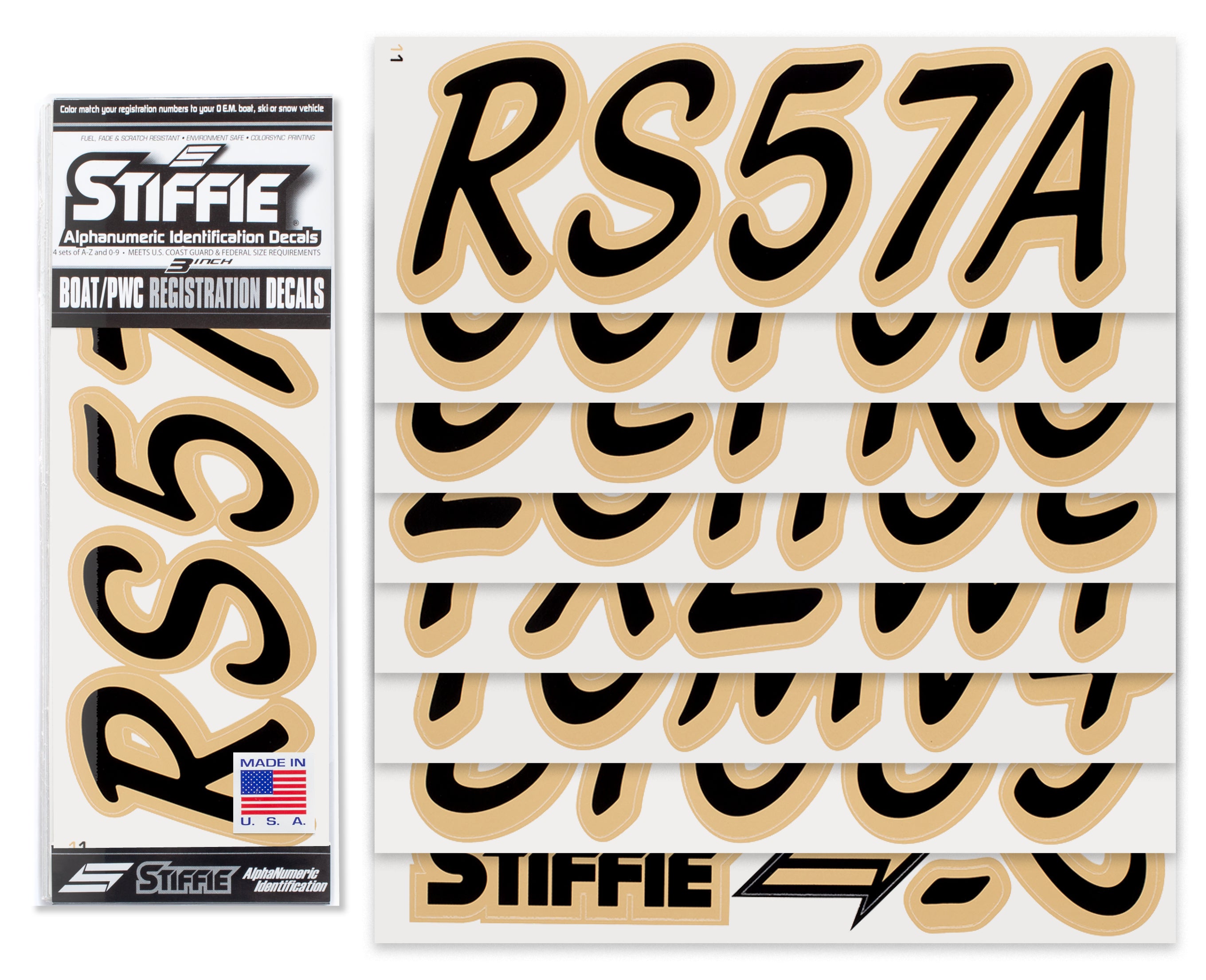 STIFFIE Whipline Solid Black/Tan 3" Alpha-Numeric Registration Identification Numbers Stickers Decals for Boats & Personal Watercraft