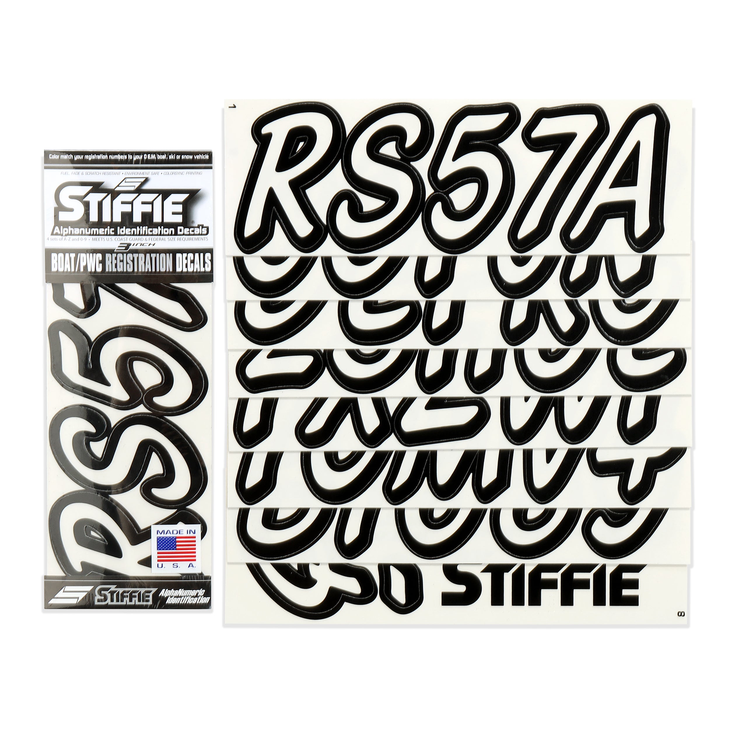 STIFFIE Whipline Solid Transparent/Black 3" Alpha-Numeric Registration Identification Numbers Stickers Decals for Boats & Personal Watercraft