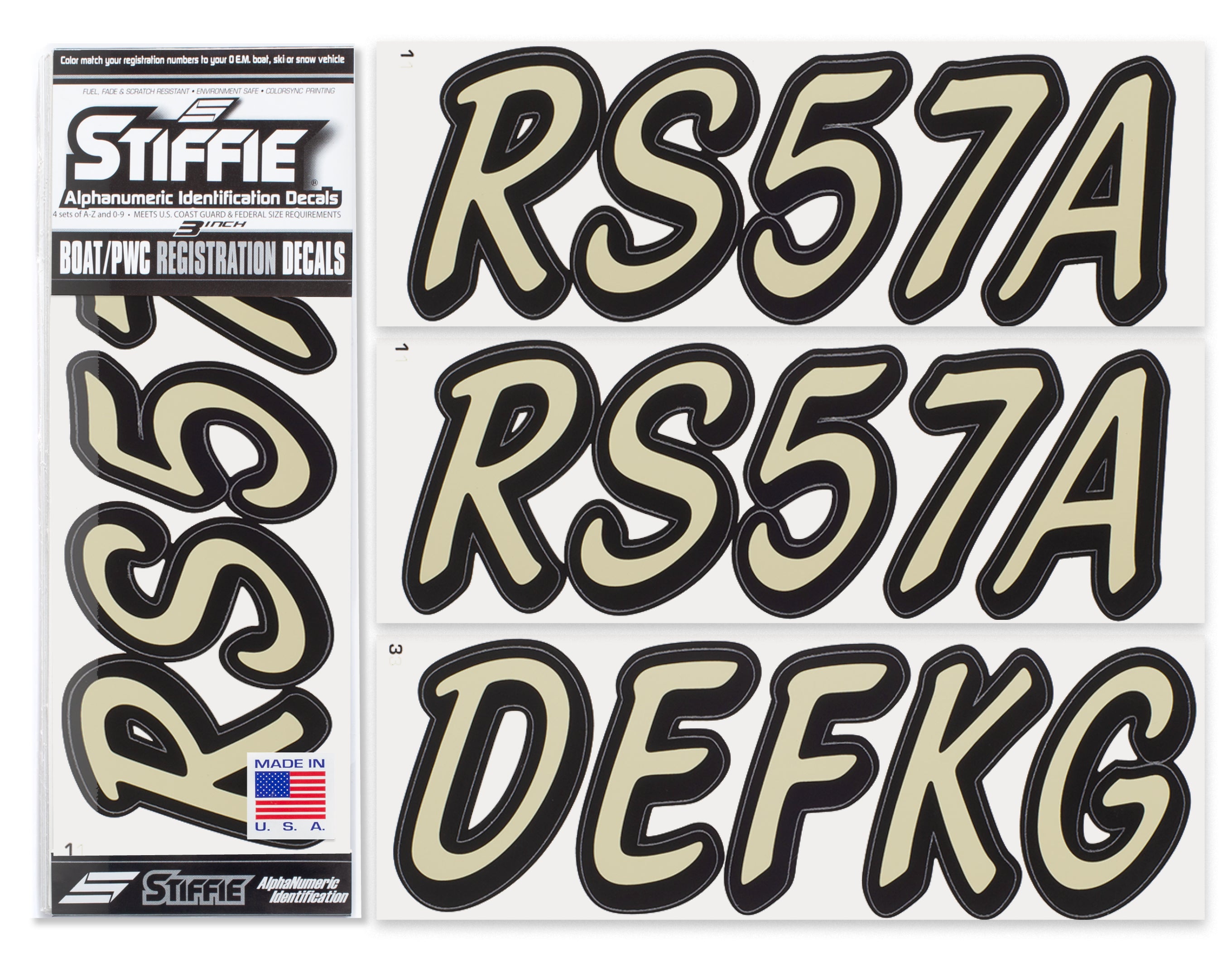 STIFFIE Whipline Solid Sand/Black 3" Alpha-Numeric Registration Identification Numbers Stickers Decals for Boats & Personal Watercraft