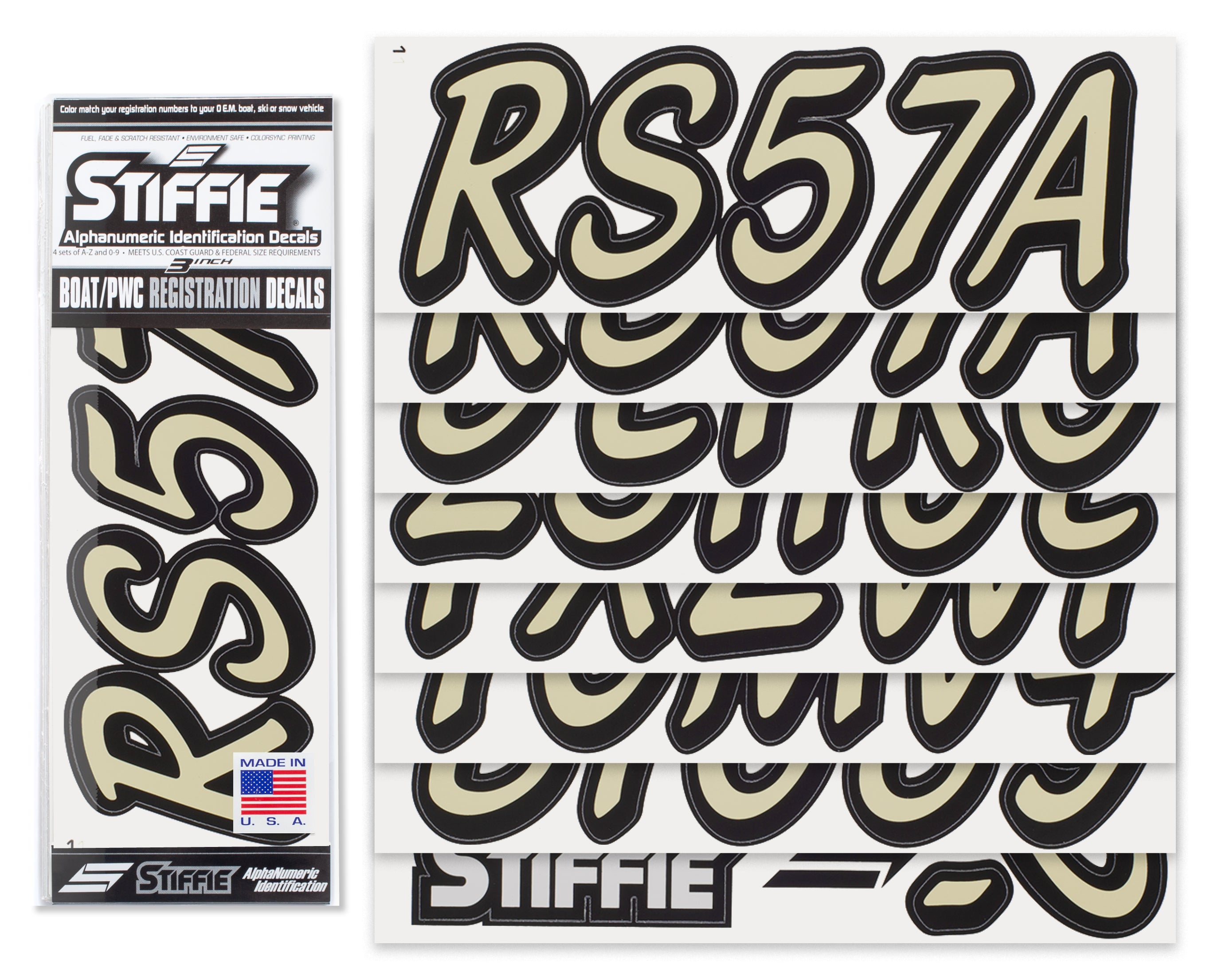 STIFFIE Whipline Solid Sand/Black 3" Alpha-Numeric Registration Identification Numbers Stickers Decals for Boats & Personal Watercraft