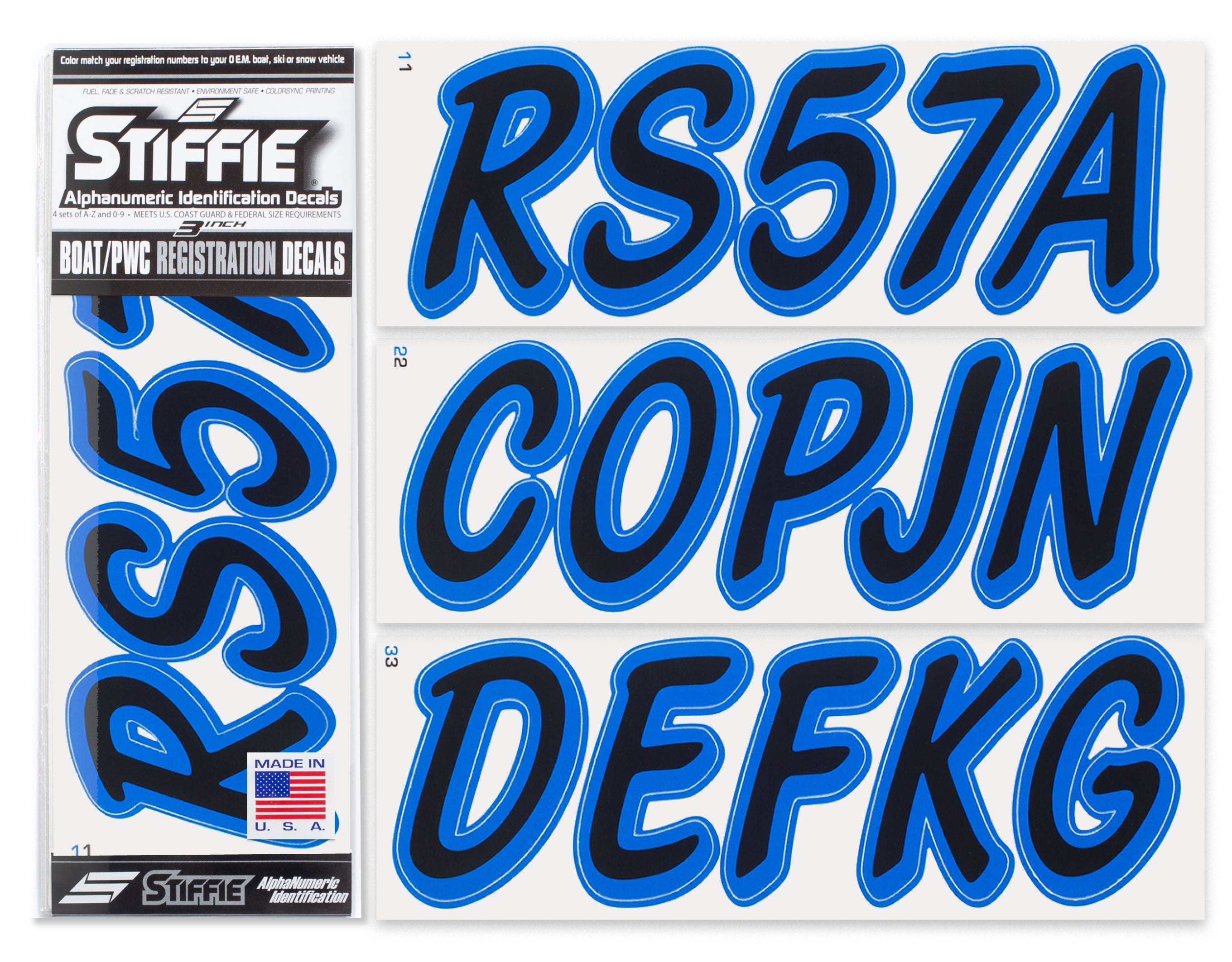 STIFFIE Whipline Solid Black/Blue 3" Alpha-Numeric Registration Identification Numbers Stickers Decals for Boats & Personal Watercraft
