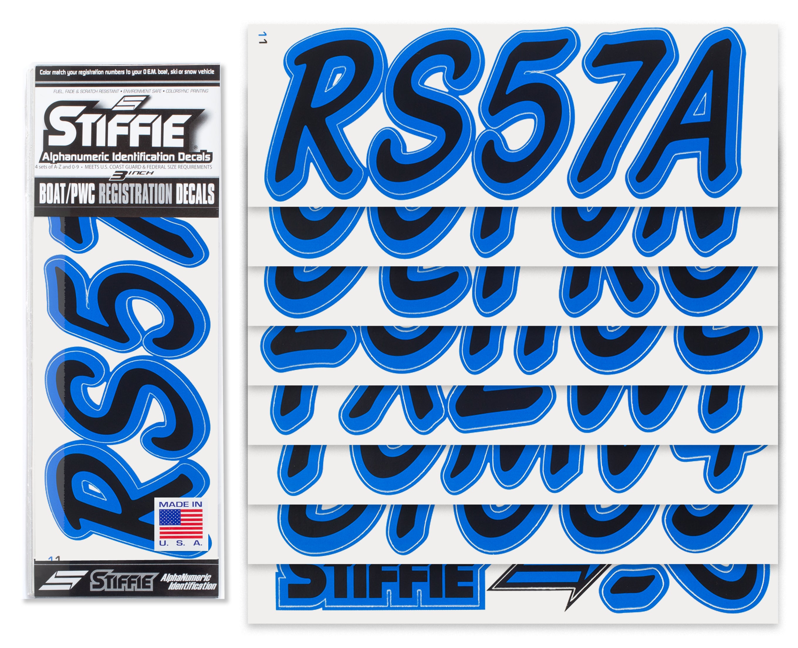 STIFFIE Whipline Solid Black/Blue 3" Alpha-Numeric Registration Identification Numbers Stickers Decals for Boats & Personal Watercraft