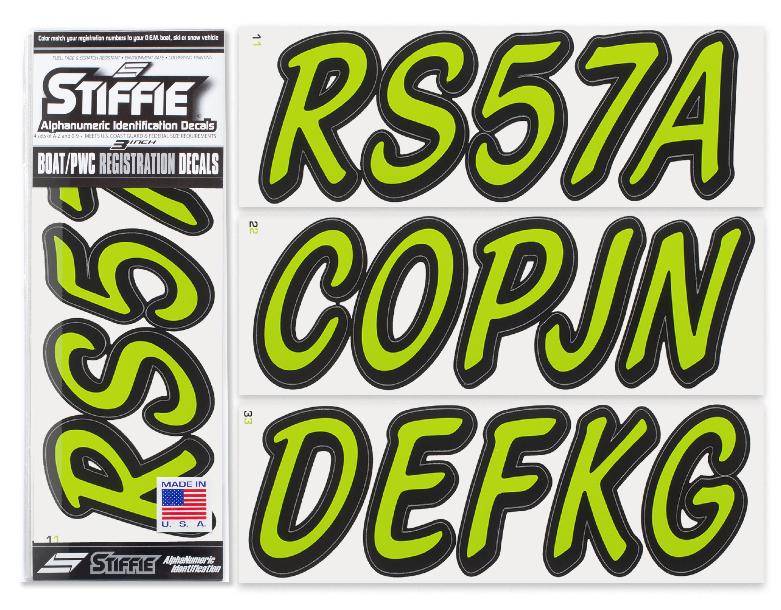 STIFFIE Whipline Solid Atomic Green/Black 3" Alpha-Numeric Registration Identification Numbers Stickers Decals for Boats & Personal Watercraft