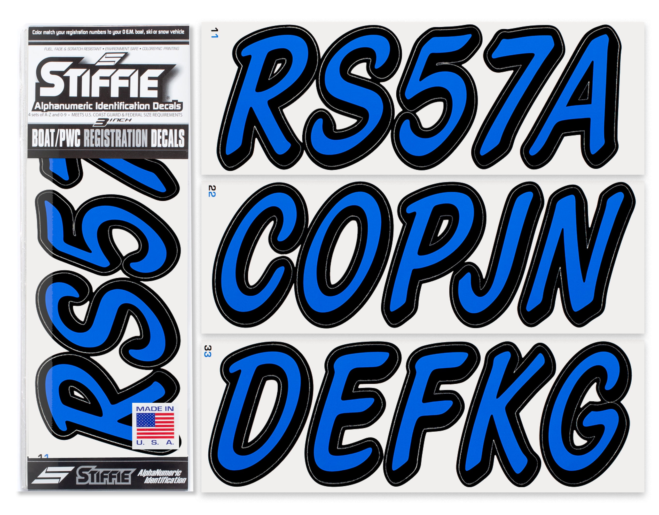STIFFIE Whipline Solid Octane Blue/Black 3" Alpha-Numeric Registration Identification Numbers Stickers Decals for Boats & Personal Watercraft