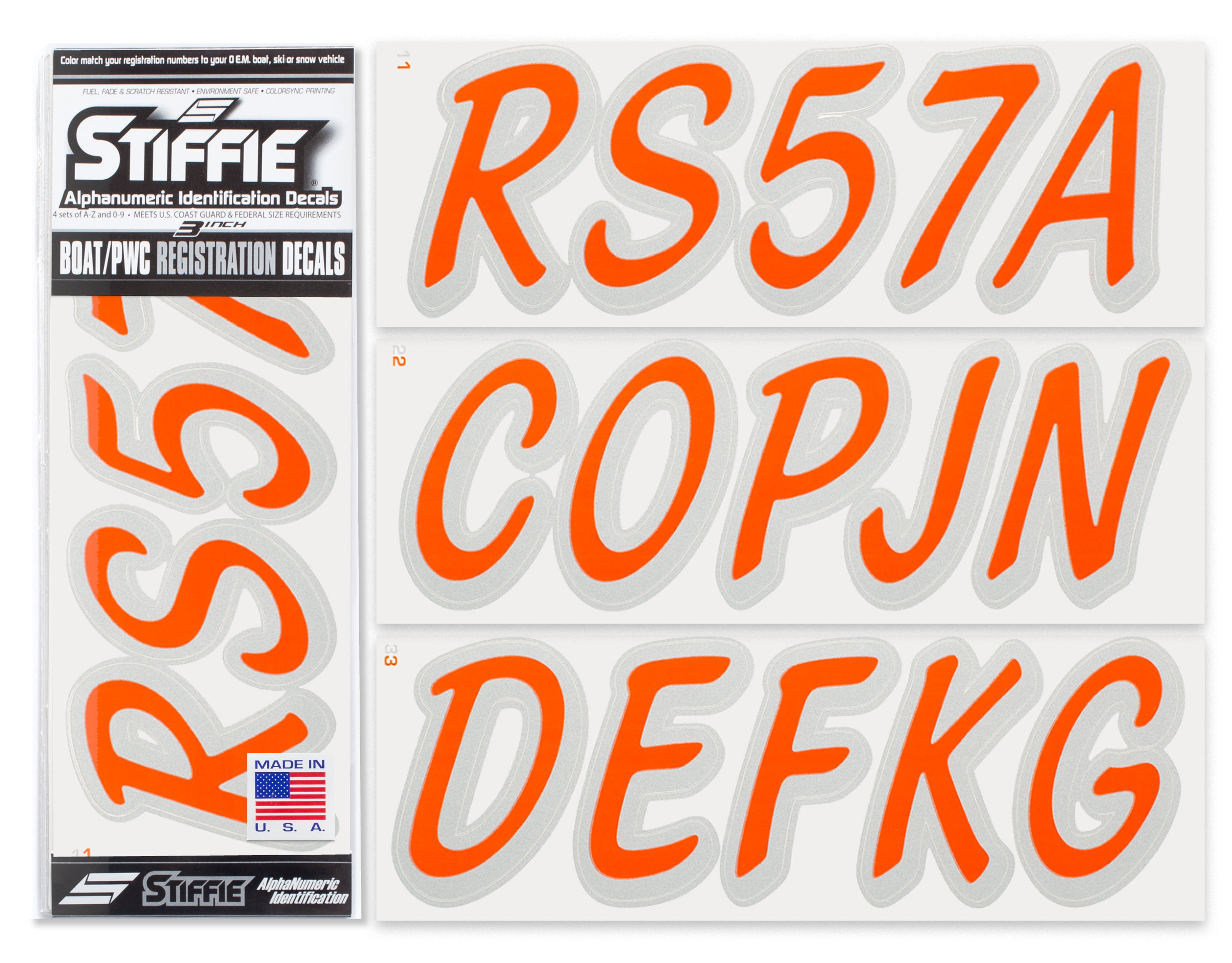 STIFFIE Whipline Solid Orange/Metallic Silver 3" Alpha-Numeric Registration Identification Numbers Stickers Decals for Boats & Personal Watercraft