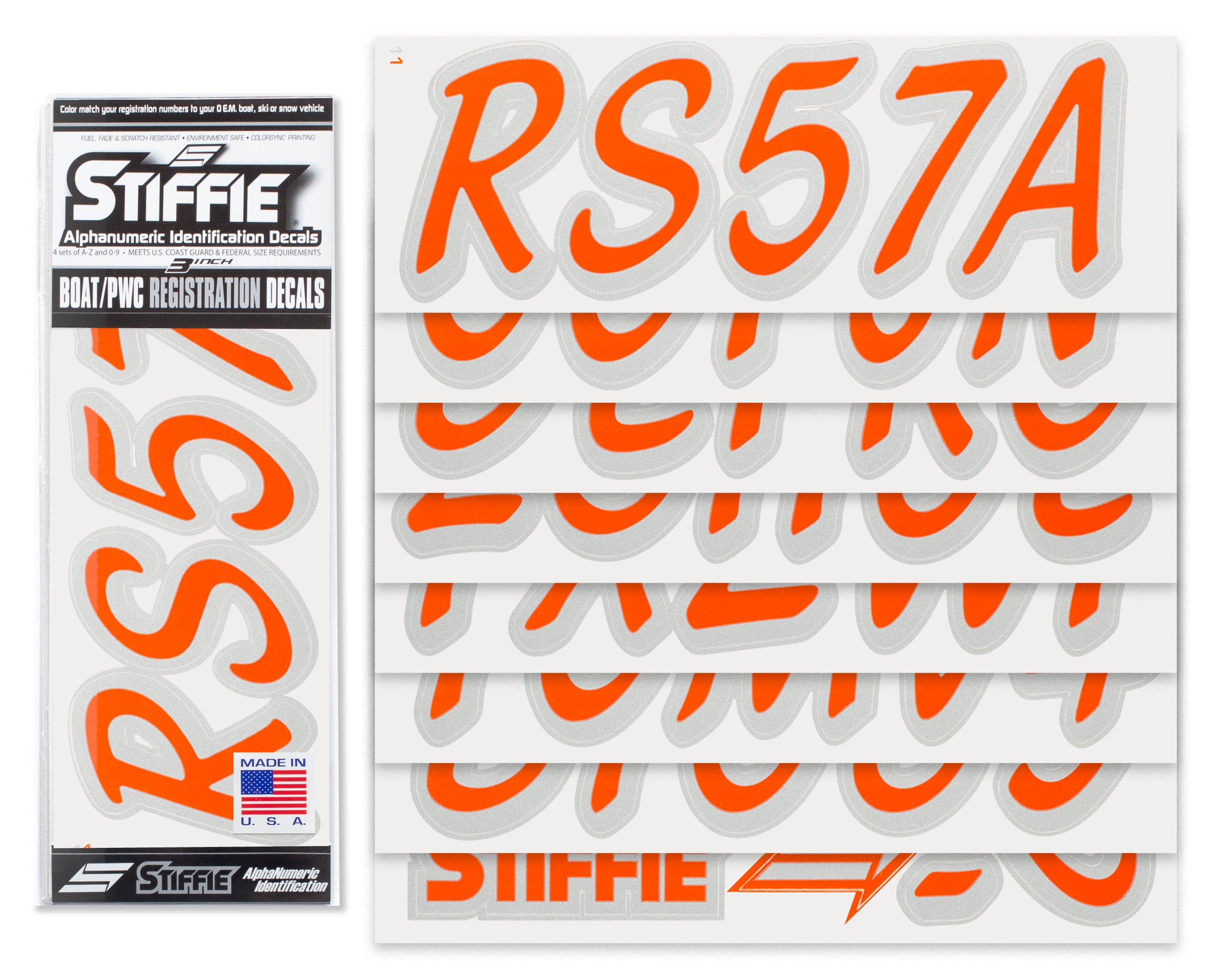 STIFFIE Whipline Solid Orange/Metallic Silver 3" Alpha-Numeric Registration Identification Numbers Stickers Decals for Boats & Personal Watercraft