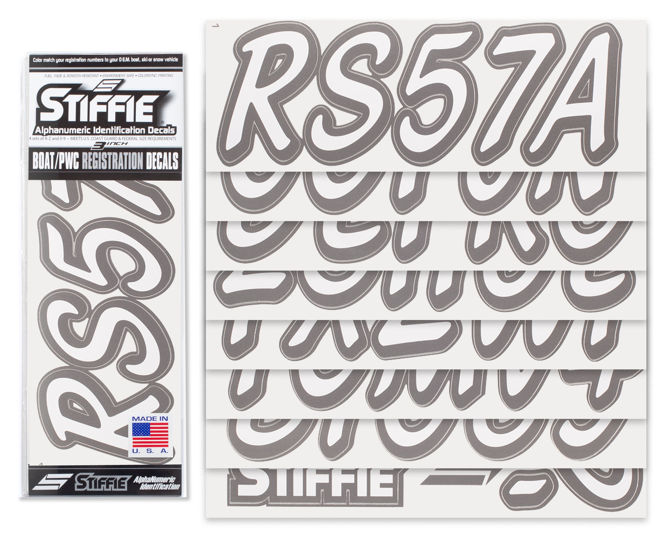 STIFFIE Whipline Solid White/Carbon 3" Alpha-Numeric Registration Identification Numbers Stickers Decals for Boats & Personal Watercraft