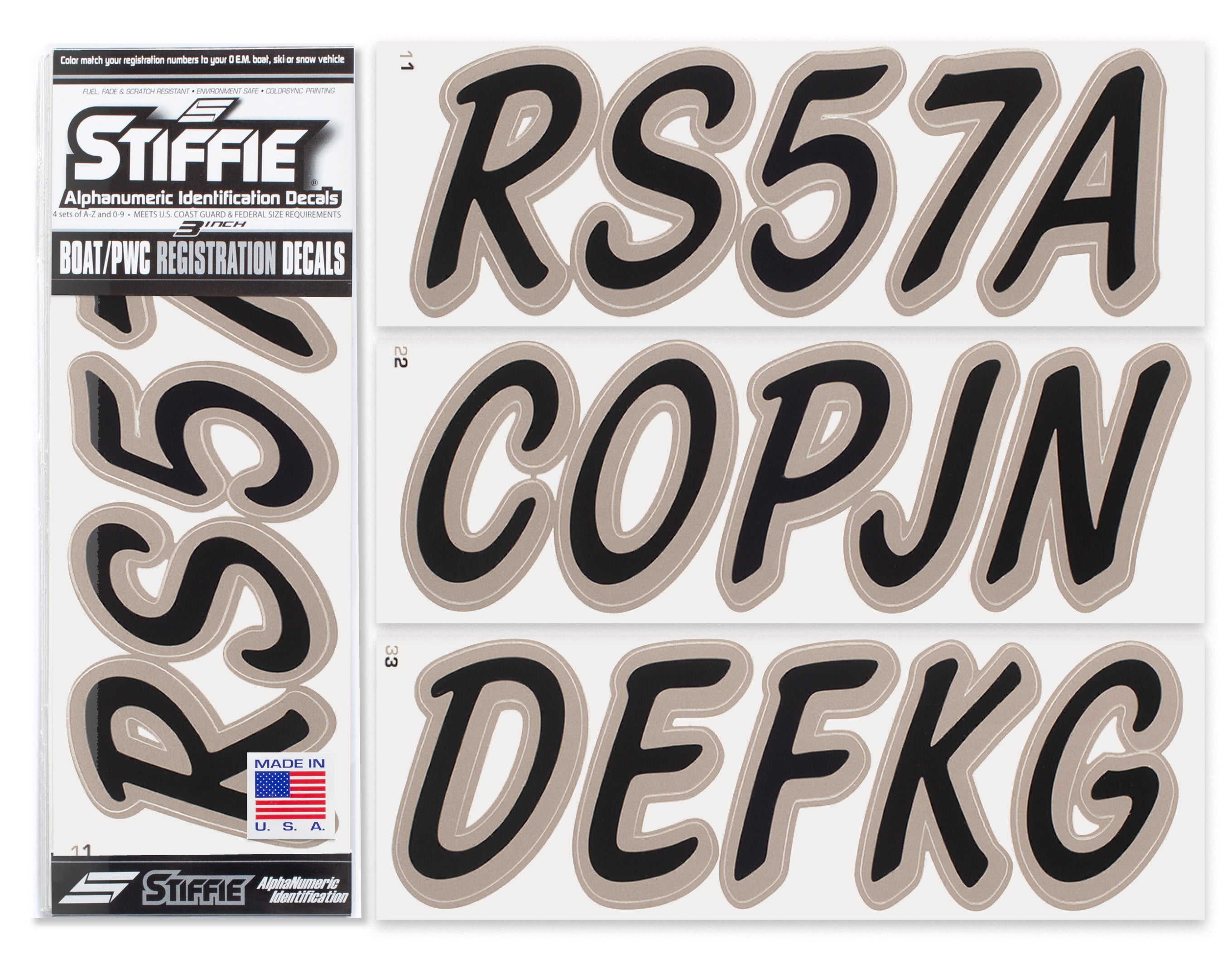 STIFFIE Whipline Solid Black/Pewter 3" Alpha-Numeric Registration Identification Numbers Stickers Decals for Boats & Personal Watercraft