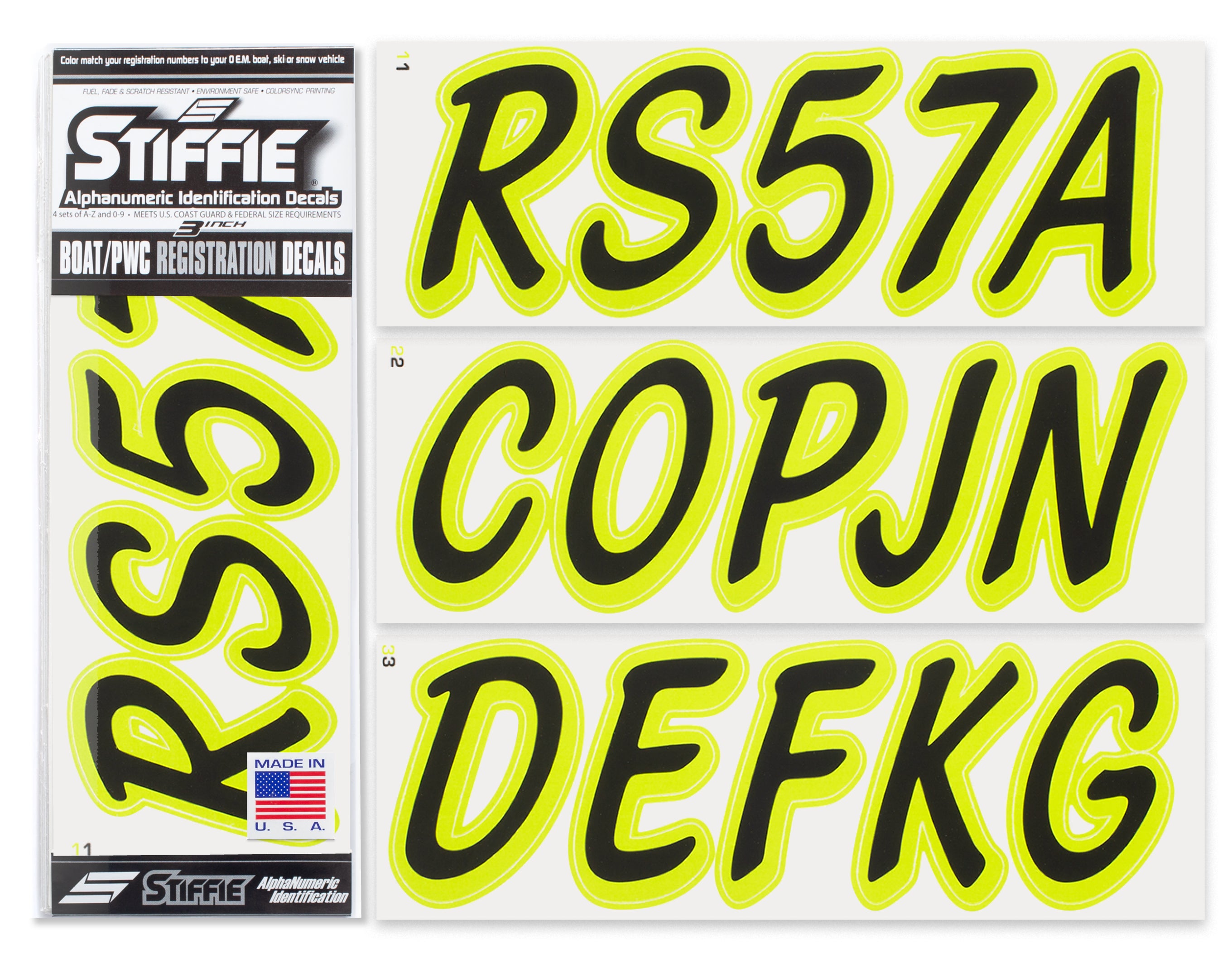 STIFFIE Whipline Solid Black/Electric Lime 3" Alpha-Numeric Registration Identification Numbers Stickers Decals for Boats & Personal Watercraft