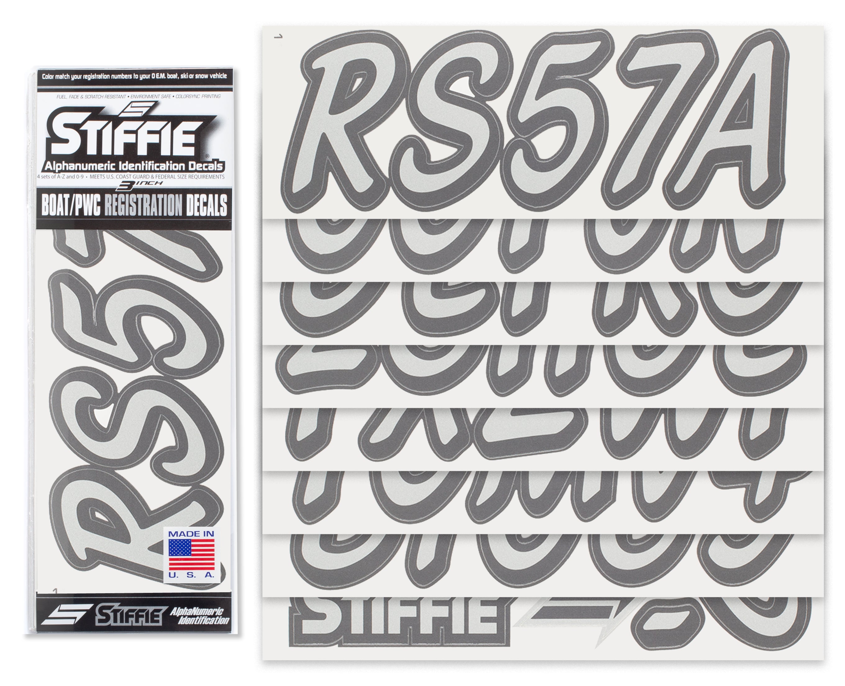 STIFFIE Whipline Solid Metallic Silver/Carbon 3" Alpha-Numeric Registration Identification Numbers Stickers Decals for Boats & Personal Watercraft