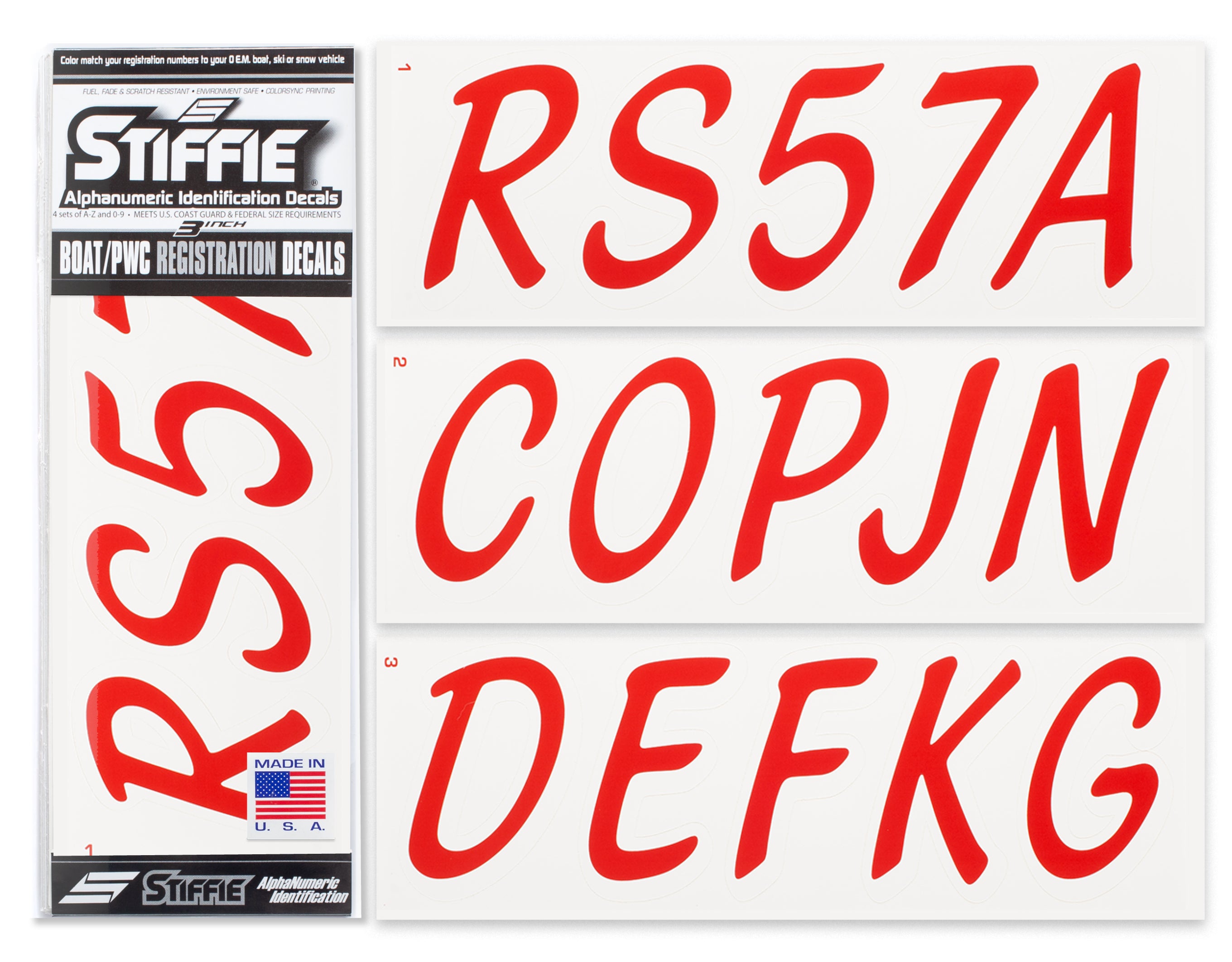 STIFFIE Whipline Solid Red/White 3" Alpha-Numeric Registration Identification Numbers Stickers Decals for Boats & Personal Watercraft