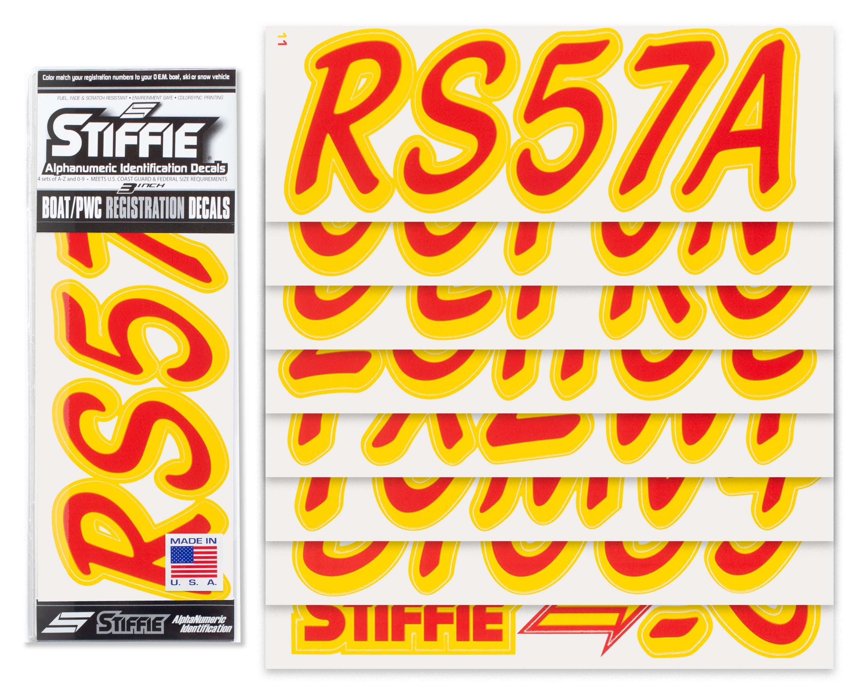 STIFFIE Whipline Solid Red/Yellow 3" Alpha-Numeric Registration Identification Numbers Stickers Decals for Boats & Personal Watercraft