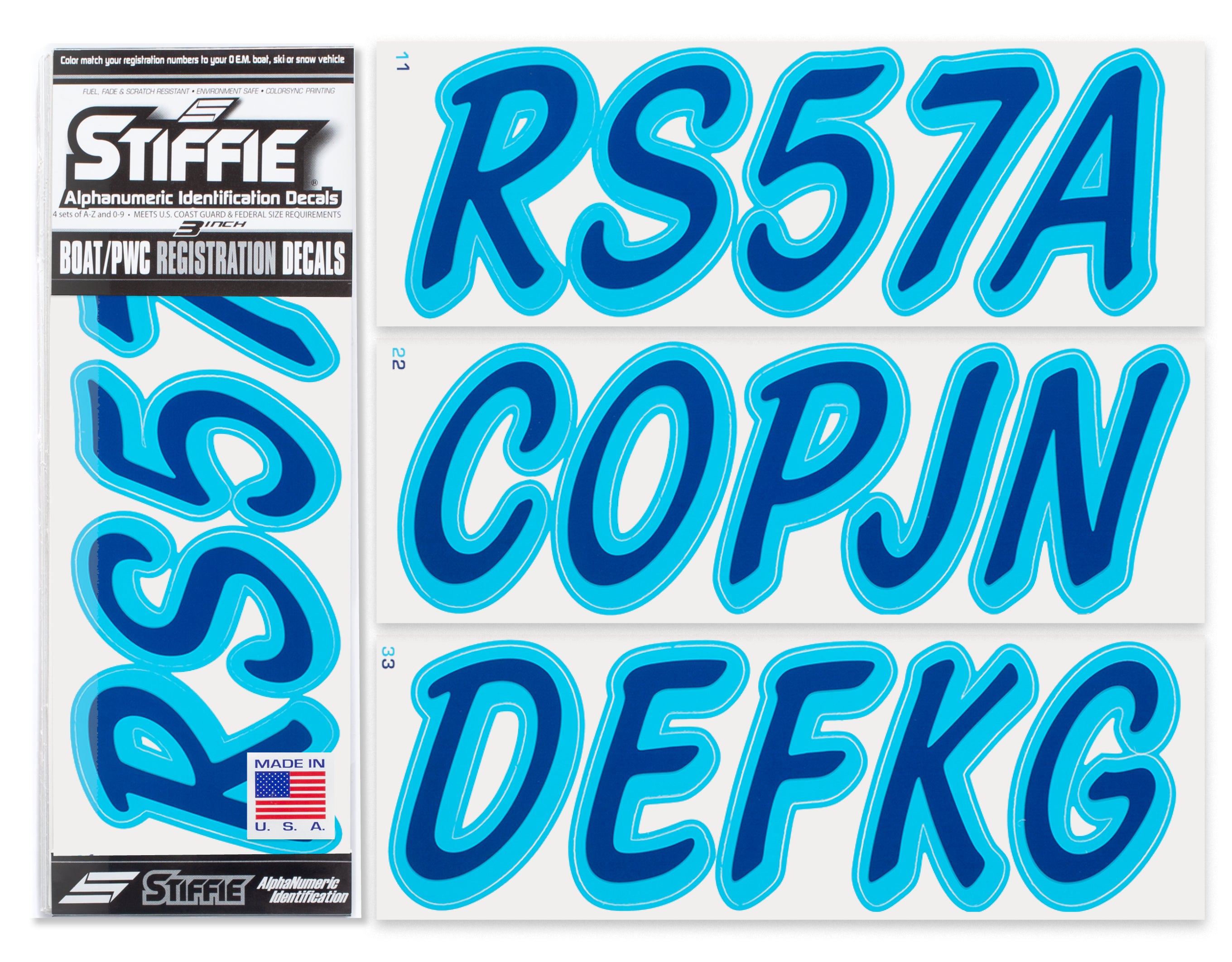 STIFFIE Whipline Solid Navy/Sky Blue 3" Alpha-Numeric Registration Identification Numbers Stickers Decals for Boats & Personal Watercraft