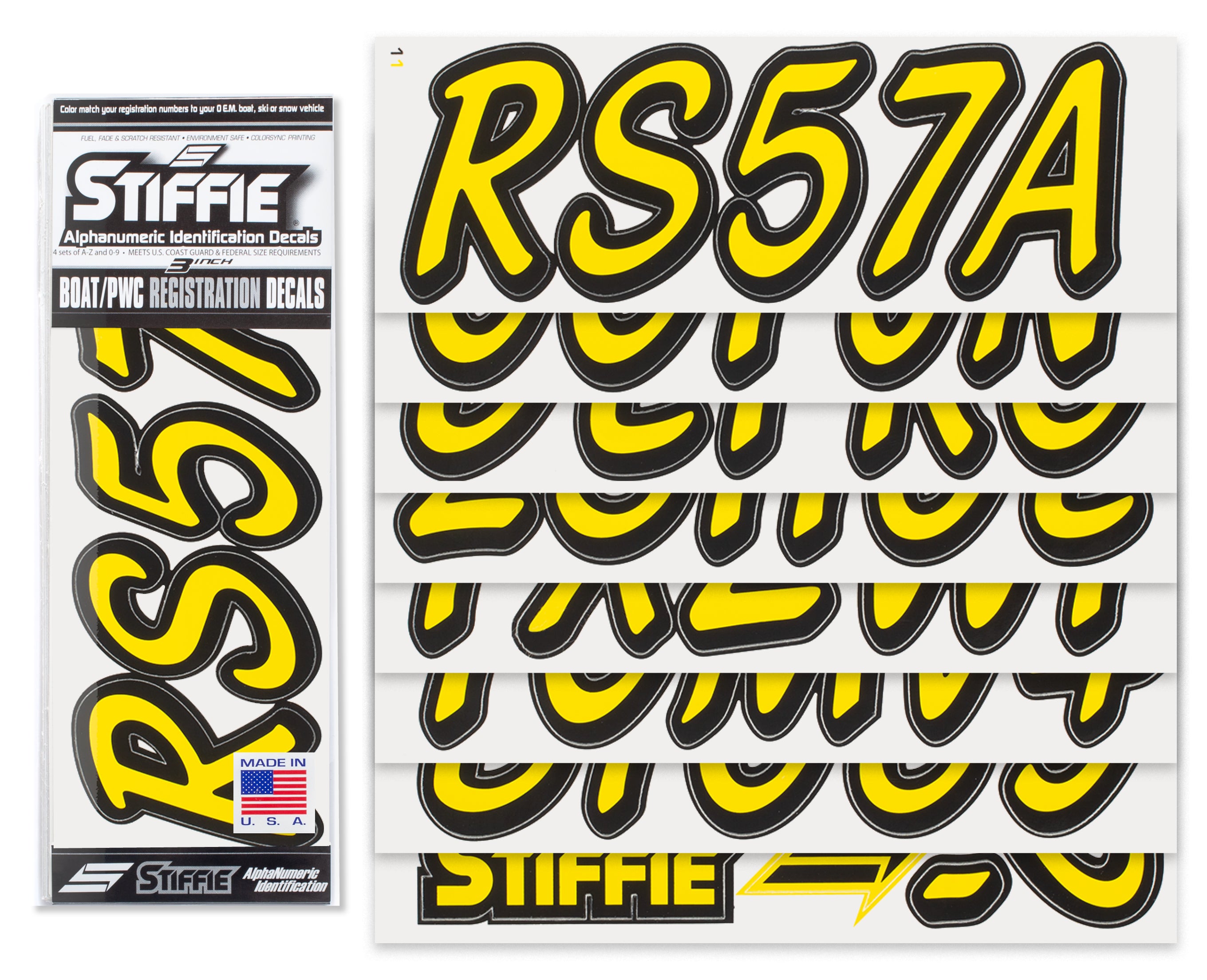 STIFFIE Whipline Solid Electric Yellow/Black 3" Alpha-Numeric Registration Identification Numbers Stickers Decals for Boats & Personal Watercraft