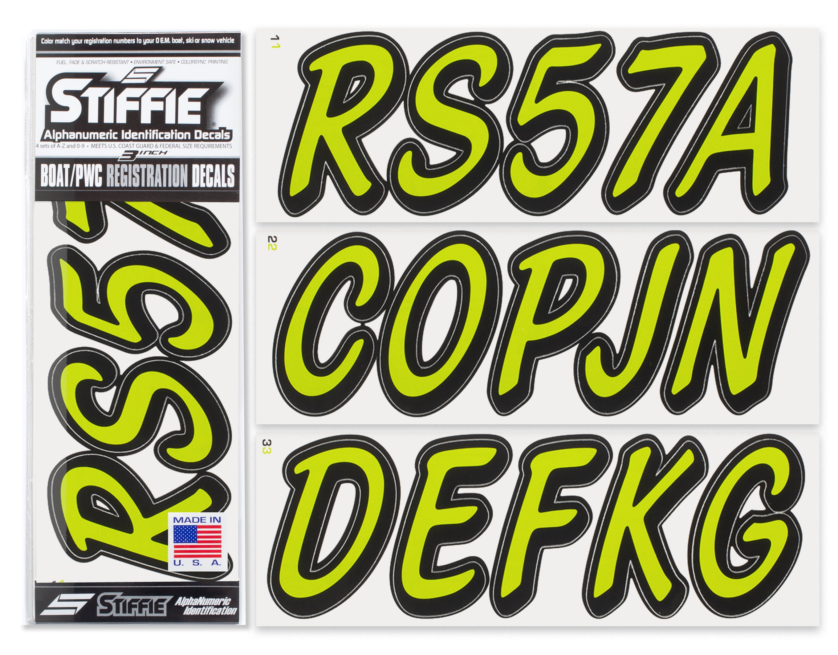 STIFFIE Whipline Solid Electric Lime/Black 3" Alpha-Numeric Registration Identification Numbers Stickers Decals for Boats & Personal Watercraft