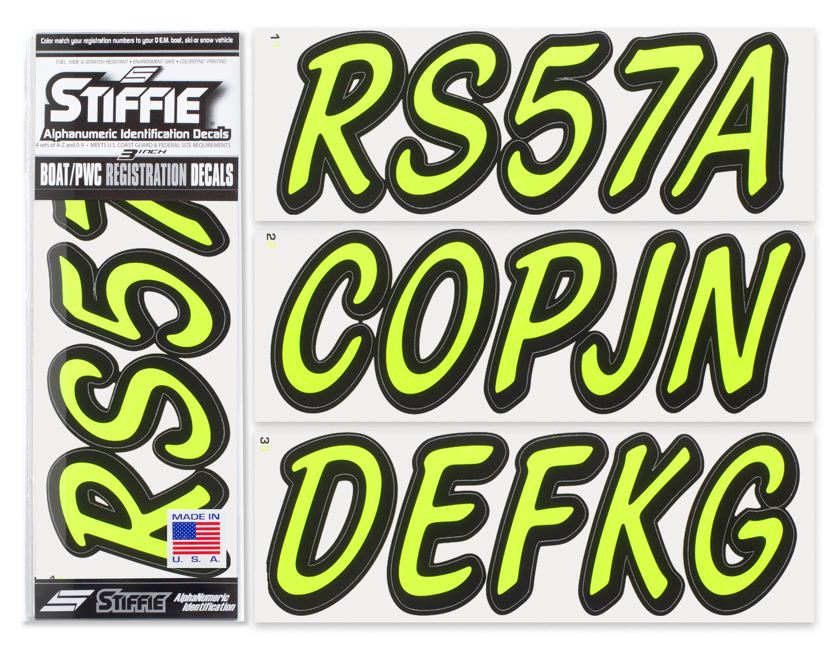 STIFFIE Whipline Solid Day Glow Yellow/Black 3" Alpha-Numeric Registration Identification Numbers Stickers Decals for Boats & Personal Watercraft